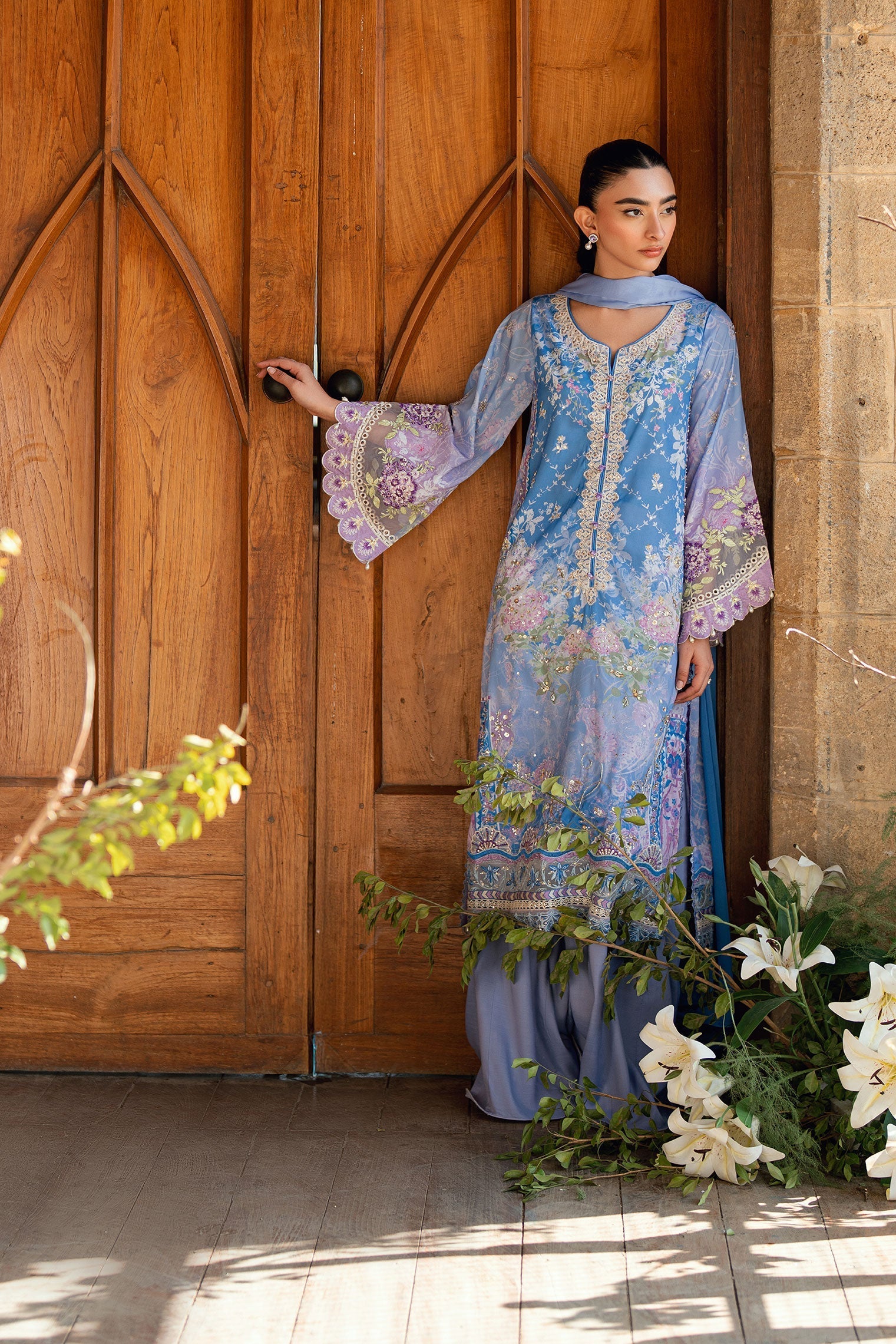 Dhanak | Silk Pret | PURPLE 2PCS HAND EMBELLISHED KURTA WITH TROUSER