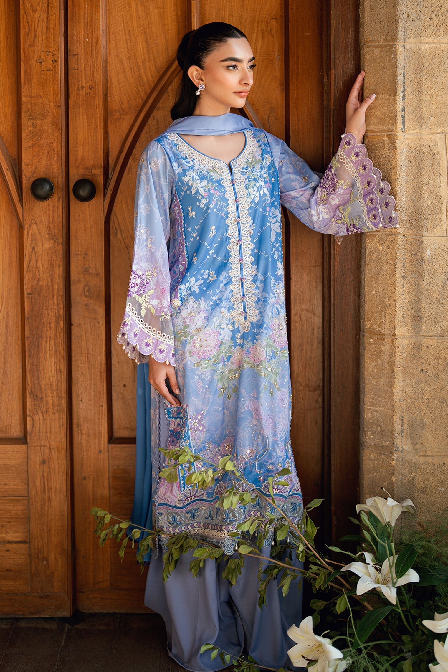 Dhanak | Silk Pret | PURPLE 2PCS HAND EMBELLISHED KURTA WITH TROUSER