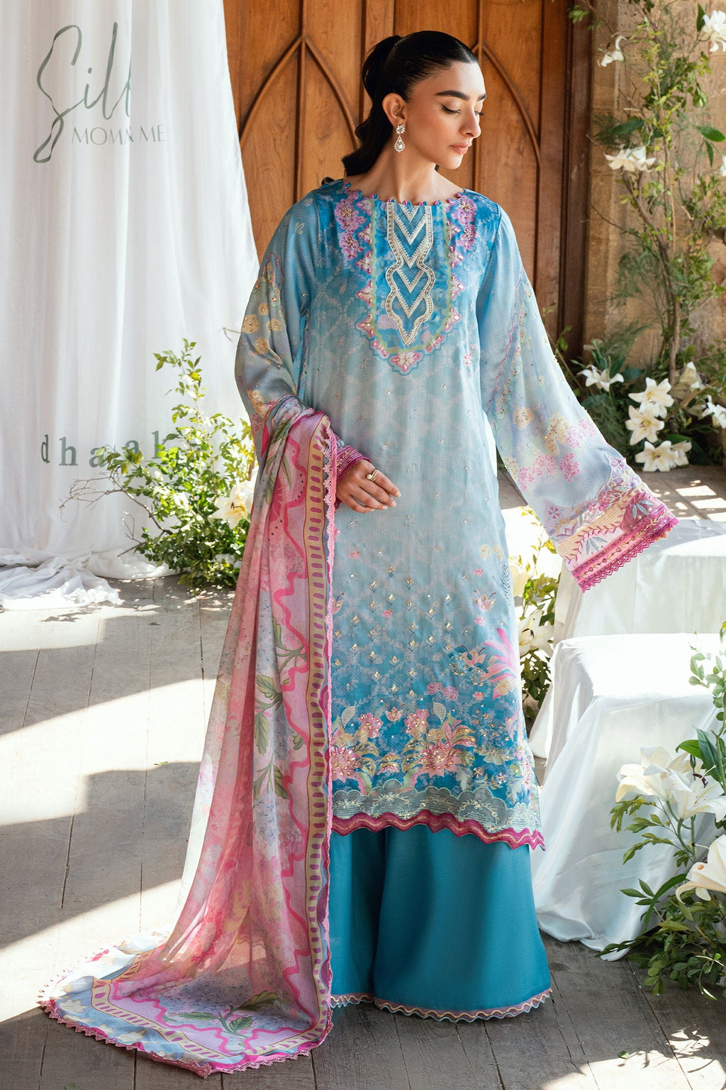 Dhanak | Silk Pret | BLUE 2PCS HAND EMBELLISHED KURTA WITH TROUSER