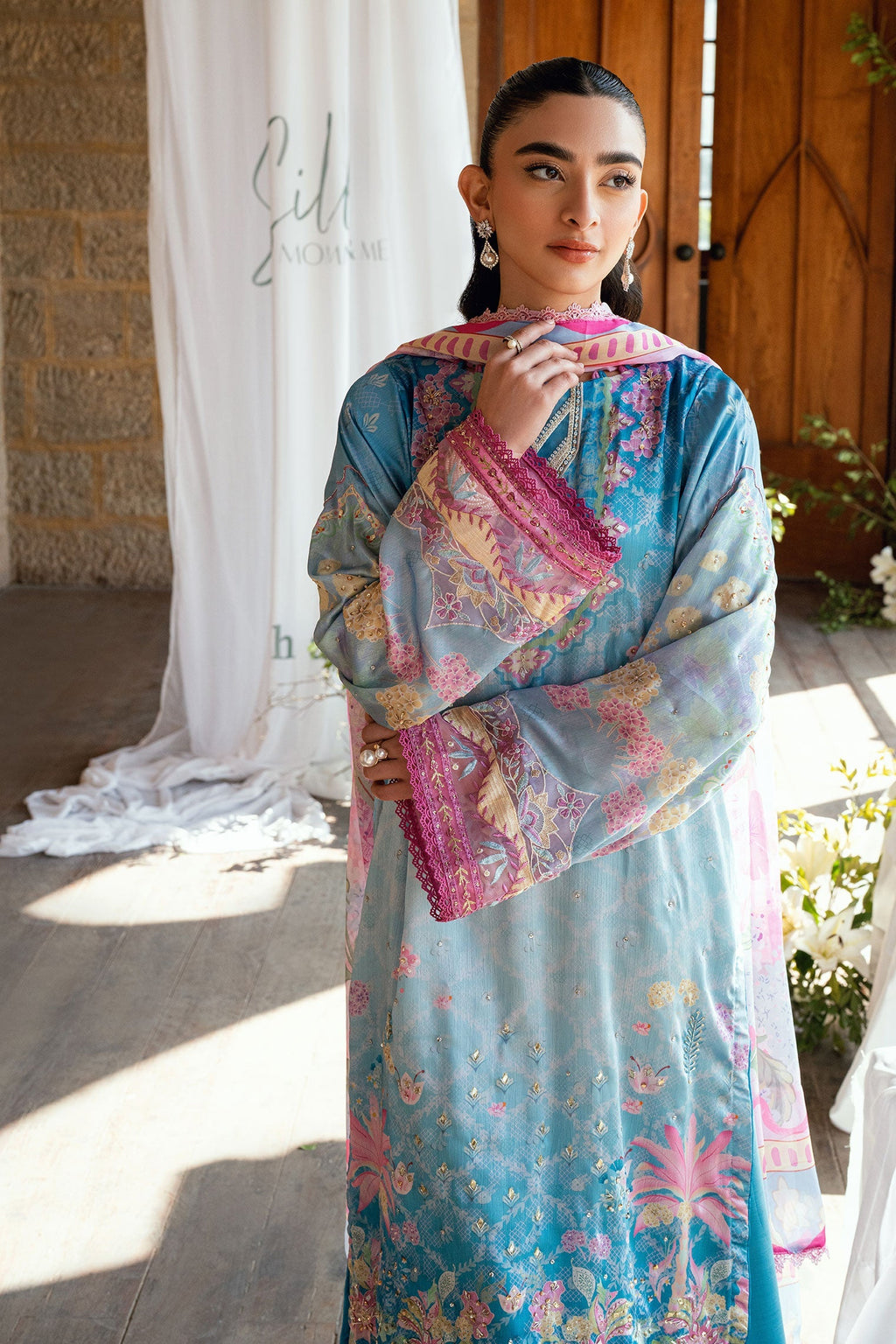 Dhanak | Silk Pret | BLUE 2PCS HAND EMBELLISHED KURTA WITH TROUSER