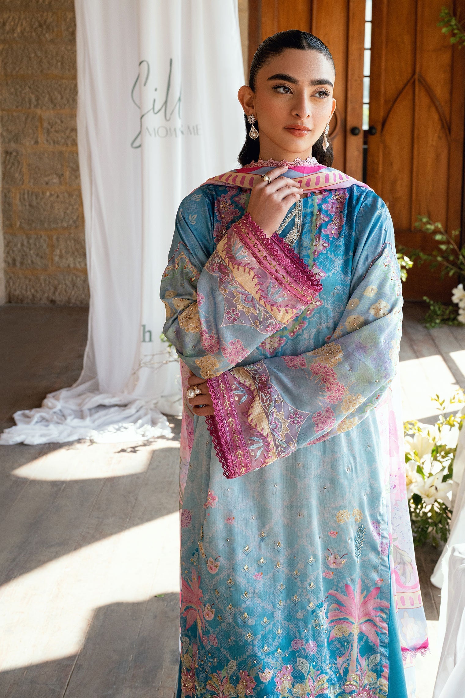 Dhanak | Silk Pret | BLUE 2PCS HAND EMBELLISHED KURTA WITH TROUSER