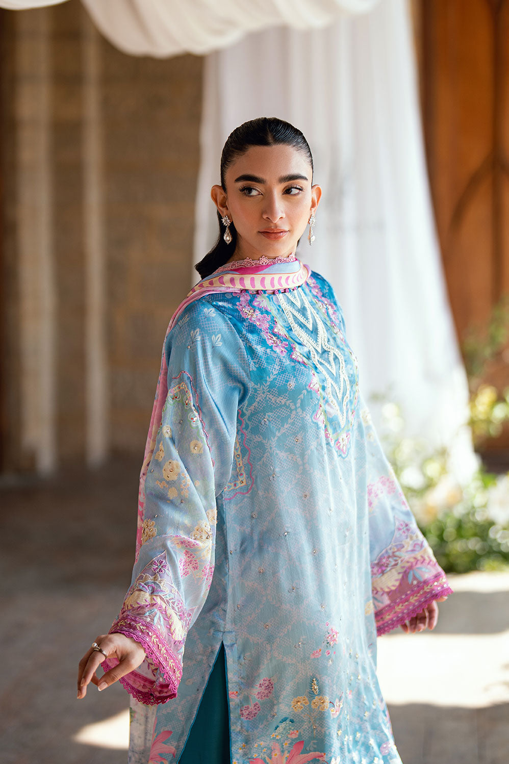 Dhanak | Silk Pret | BLUE 2PCS HAND EMBELLISHED KURTA WITH TROUSER