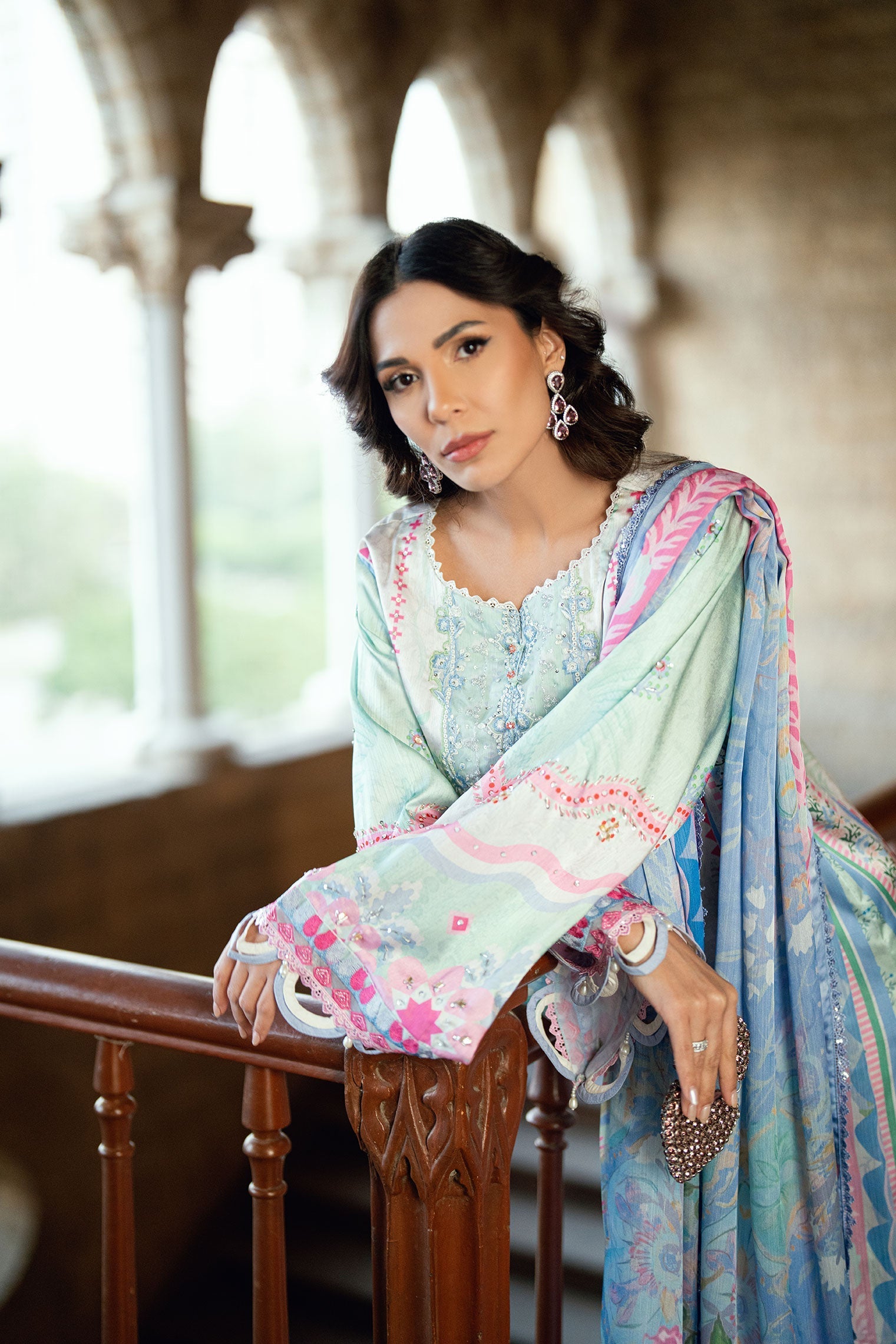 Dhanak | Silk Pret | L-GREEN 2PCS HAND EMBELLISHED KURTA WITH TROUSER
