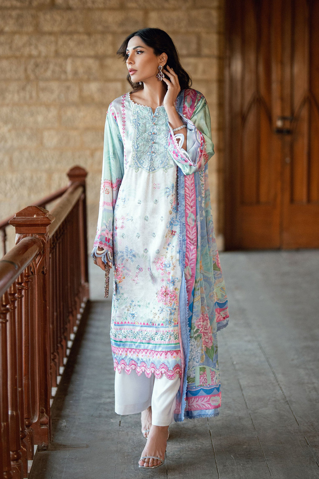 Dhanak | Silk Pret | L-GREEN 2PCS HAND EMBELLISHED KURTA WITH TROUSER