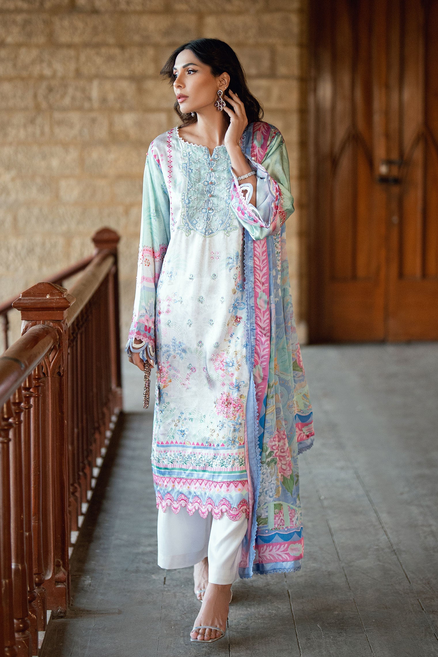 Dhanak | Silk Pret | L-GREEN 2PCS HAND EMBELLISHED KURTA WITH TROUSER