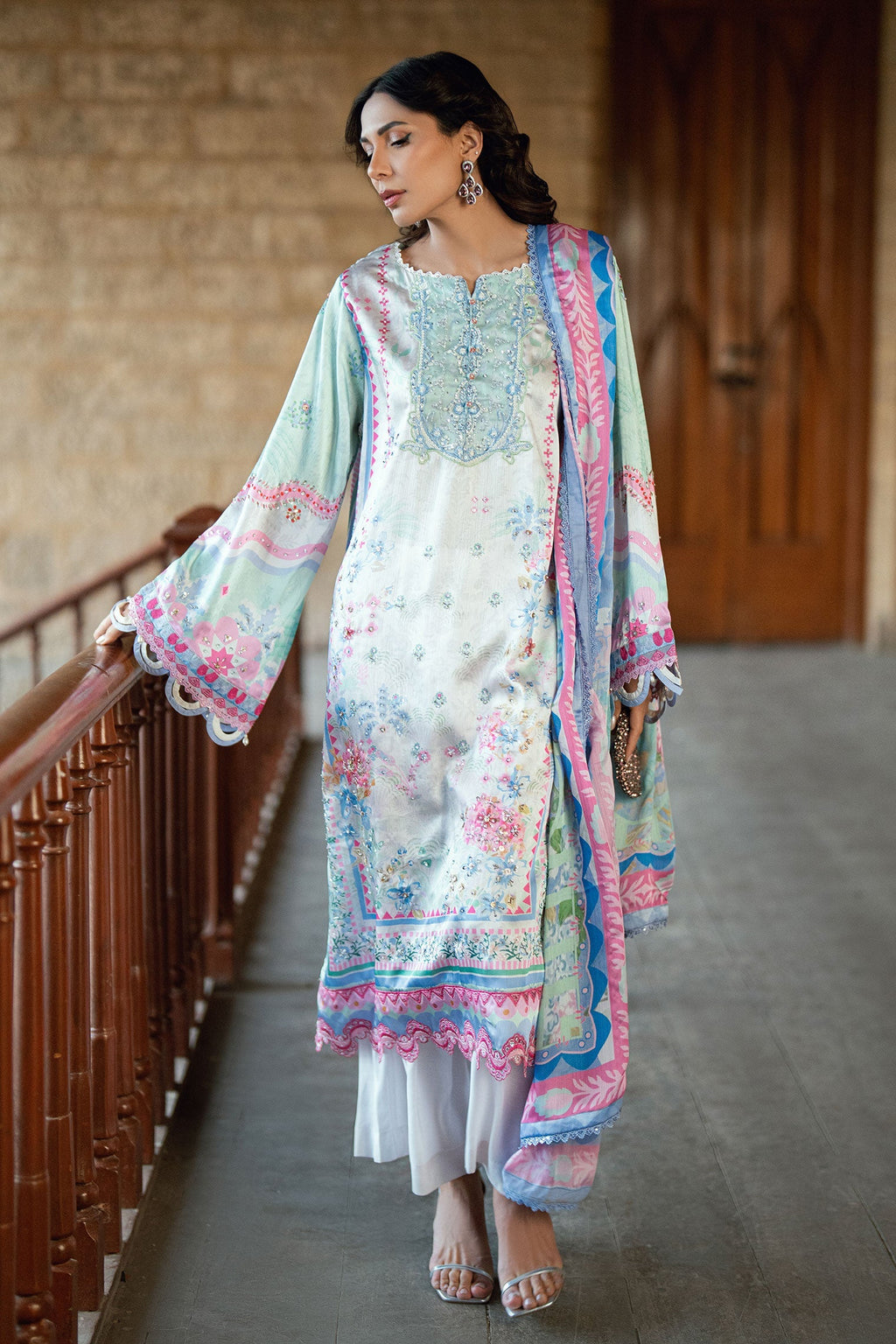 Dhanak | Silk Pret | L-GREEN 2PCS HAND EMBELLISHED KURTA WITH TROUSER