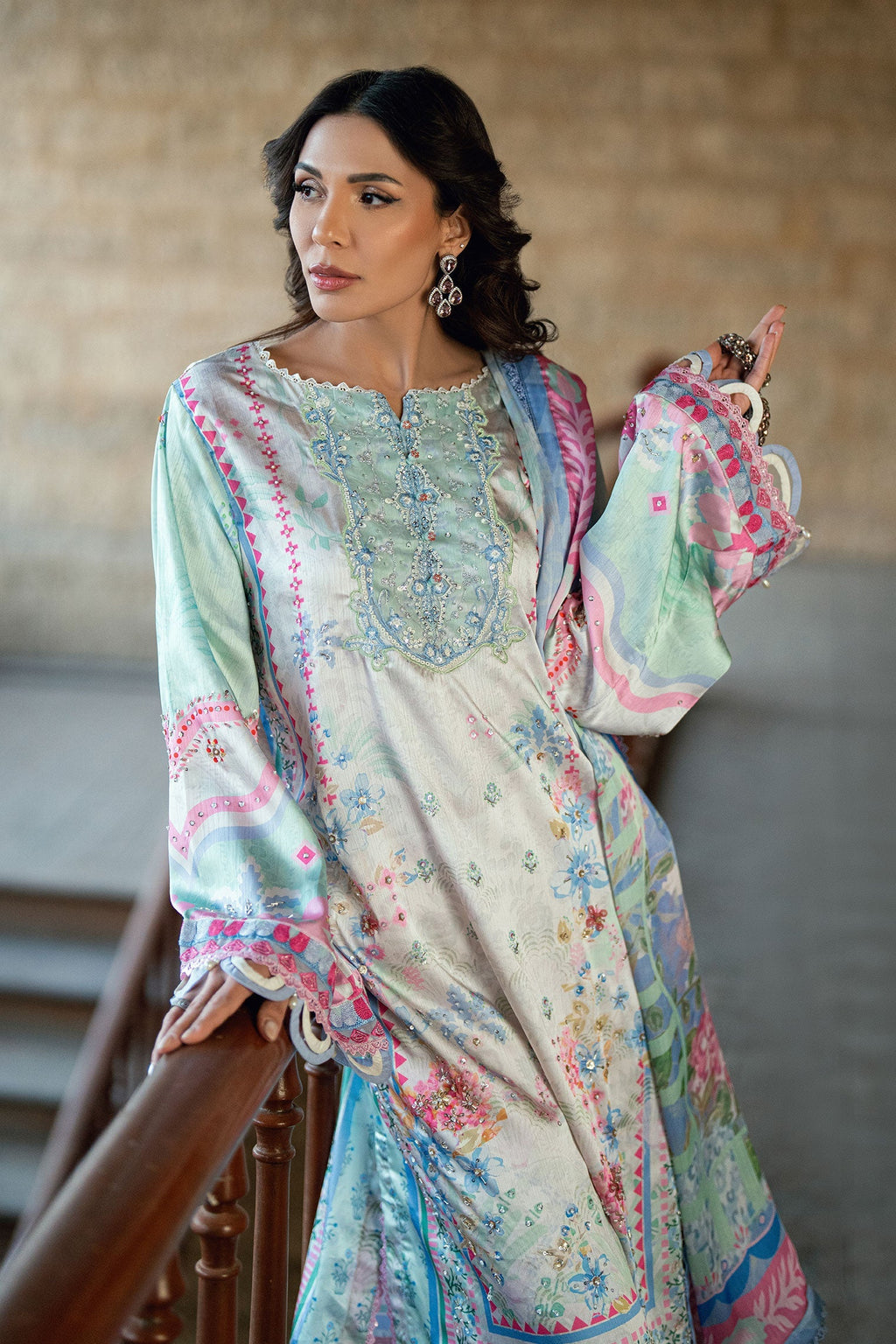 Dhanak | Silk Pret | L-GREEN 2PCS HAND EMBELLISHED KURTA WITH TROUSER