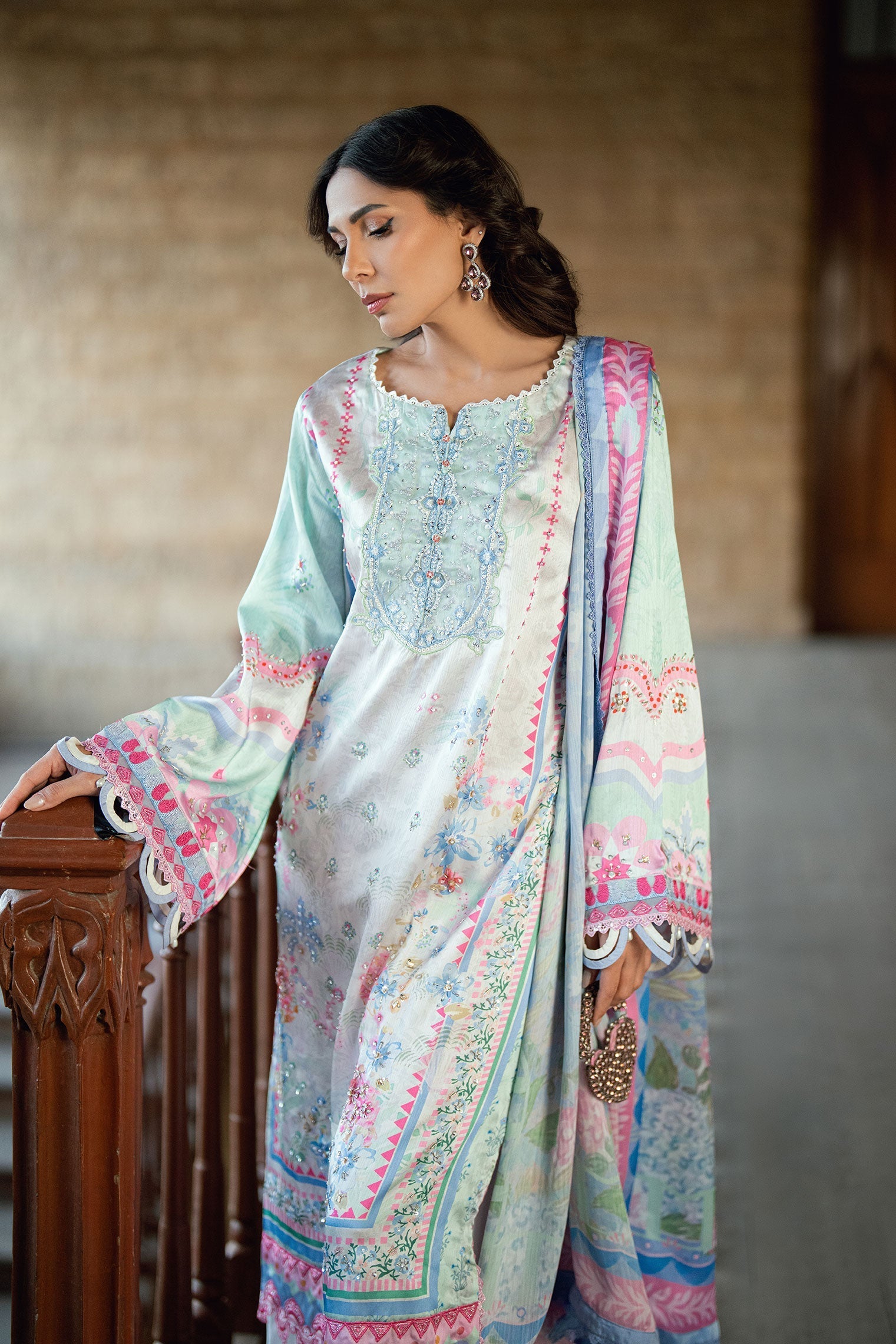 Dhanak | Silk Pret | L-GREEN 2PCS HAND EMBELLISHED KURTA WITH TROUSER