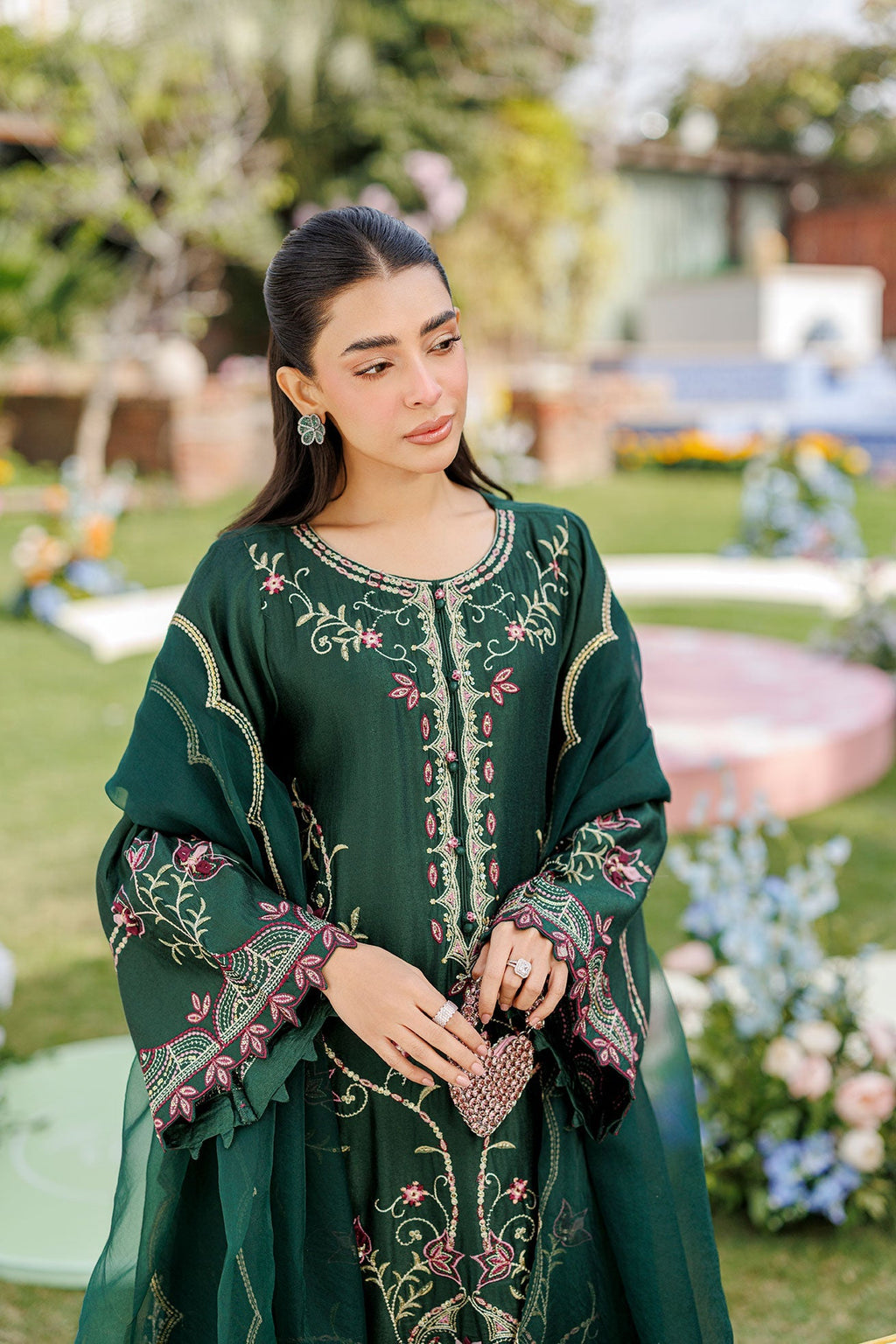 Dhanak | Signature Pret | BOTTLE GREEN 2PCS EMBROIDERED KURTA WITH TROUSER