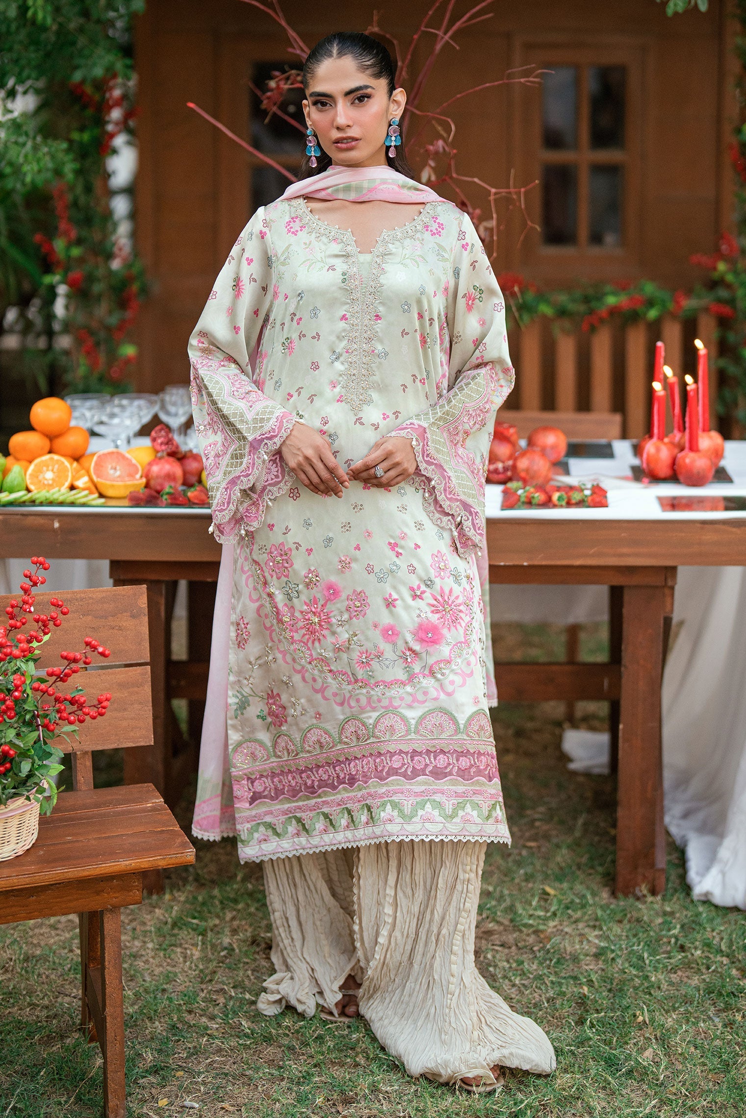 Dhanak | Silk Pret | L-GREEN -SILK TUNIC- 2PCS HAND EMBELLISHED SHIRT WITH TROUSER
