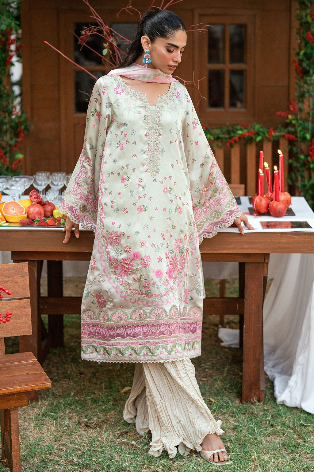Dhanak | Silk Pret | L-GREEN -SILK TUNIC- 2PCS HAND EMBELLISHED SHIRT WITH TROUSER