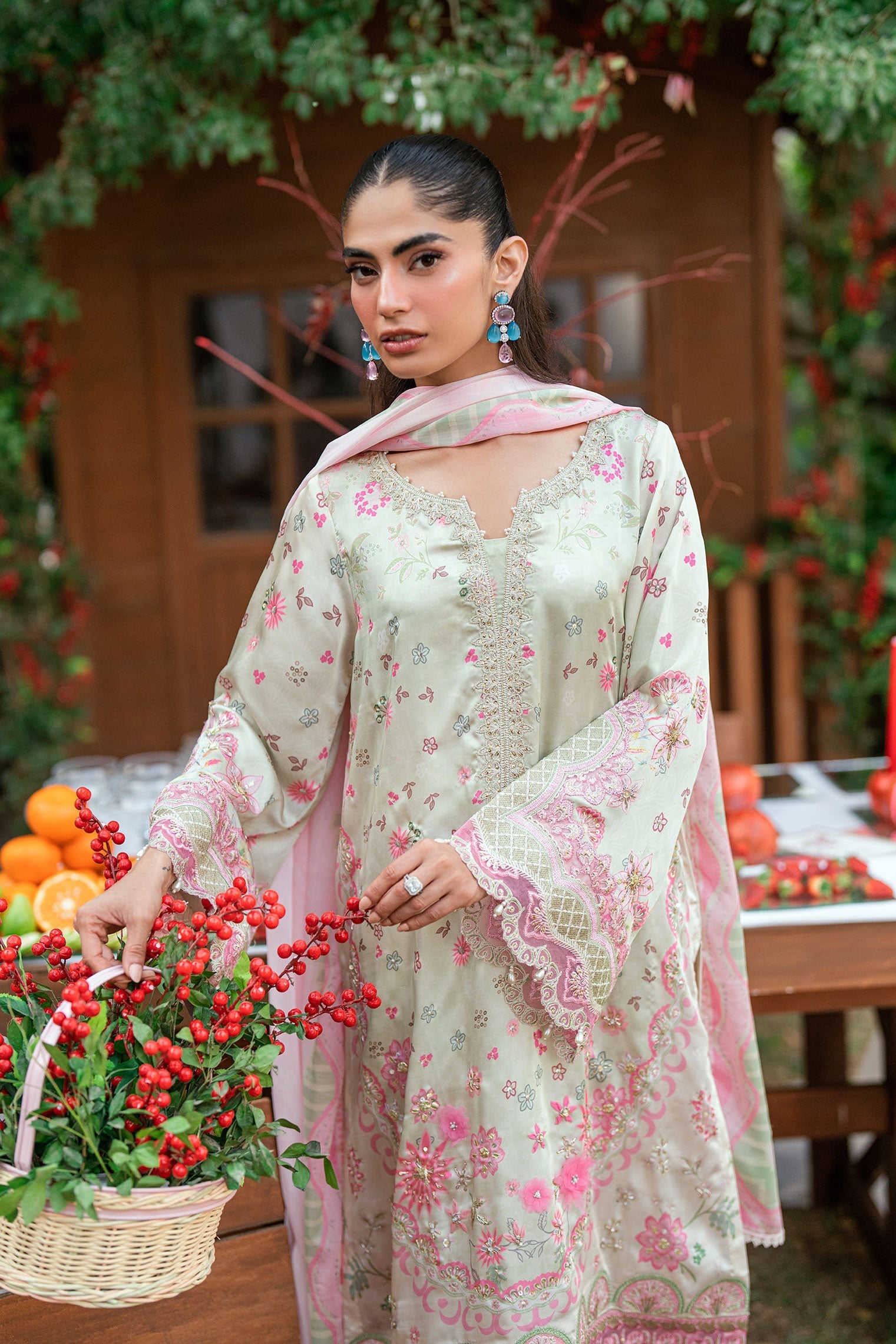 Dhanak | Silk Pret | L-GREEN -SILK TUNIC- 2PCS HAND EMBELLISHED SHIRT WITH TROUSER