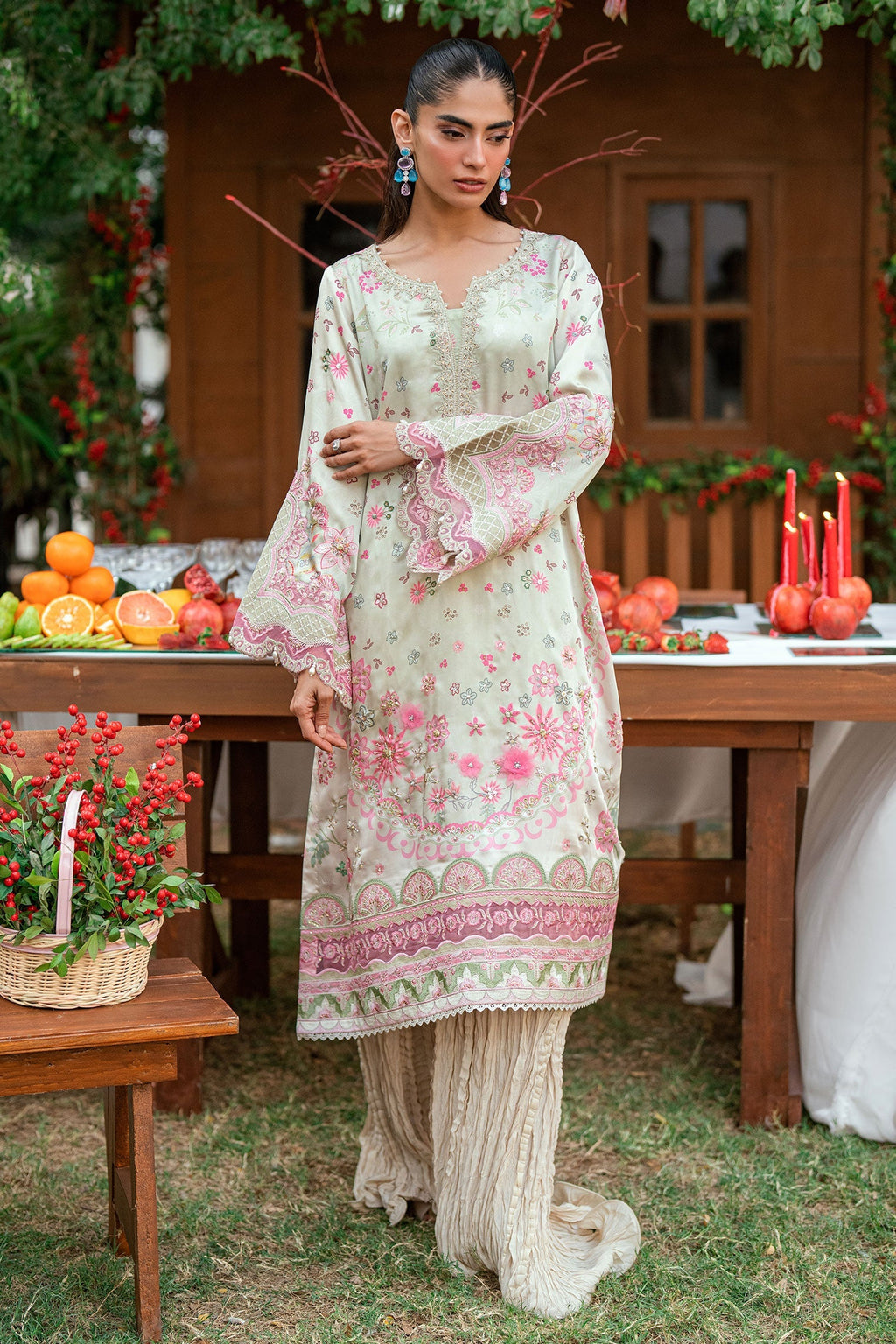 Dhanak | Silk Pret | L-GREEN -SILK TUNIC- 2PCS HAND EMBELLISHED SHIRT WITH TROUSER