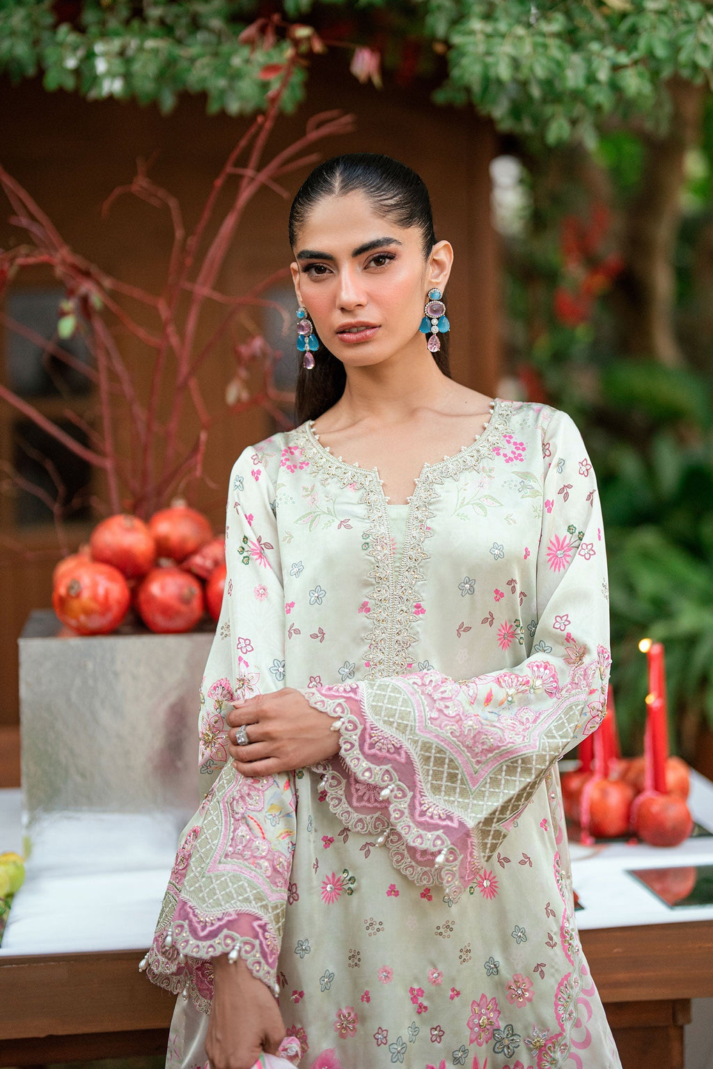 Dhanak | Silk Pret | L-GREEN -SILK TUNIC- 2PCS HAND EMBELLISHED SHIRT WITH TROUSER
