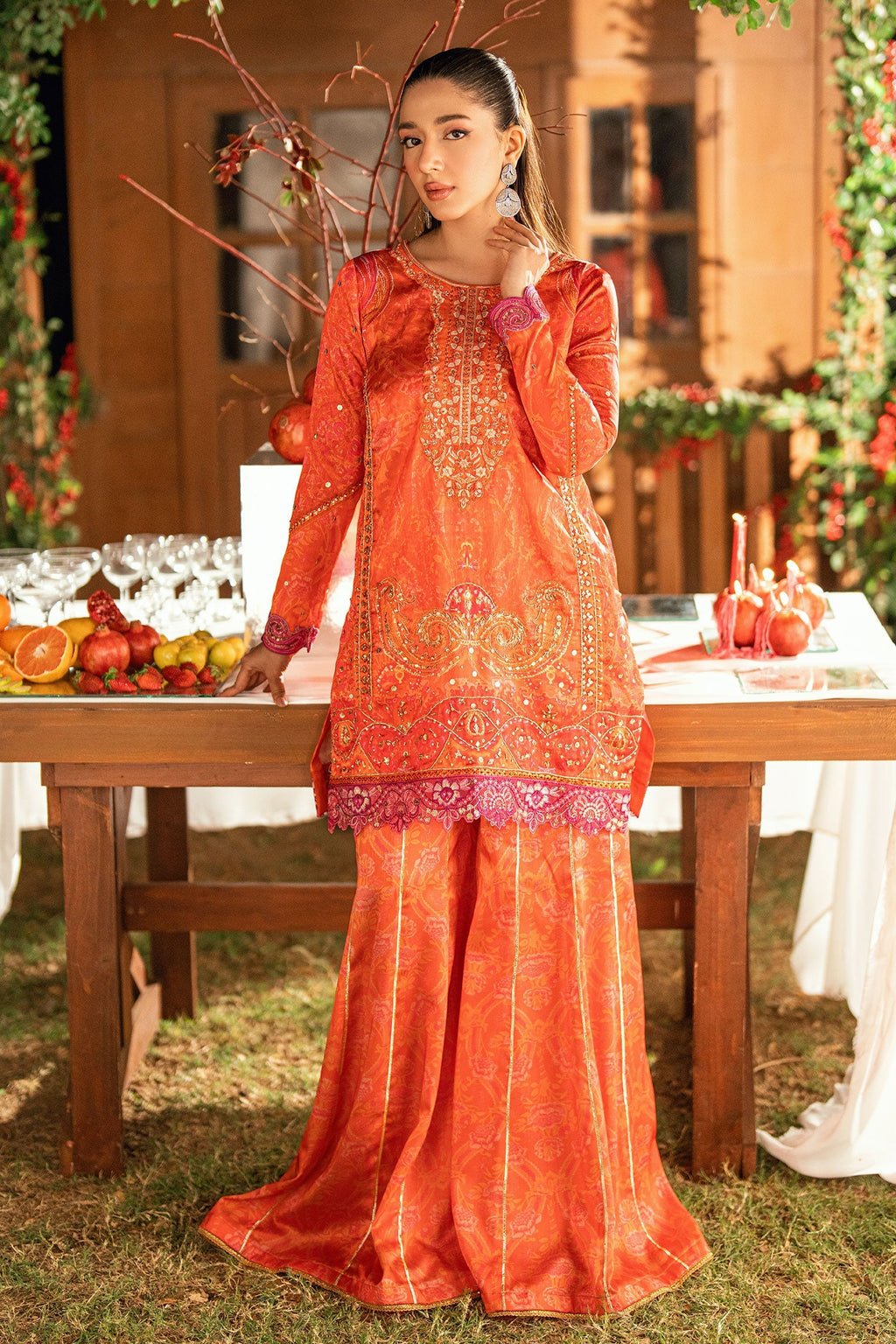 Dhanak | Silk Pret | ORANGE -SILK TUNIC- 2PCS HAND EMBELLISHED SHIRT WITH TROUSER