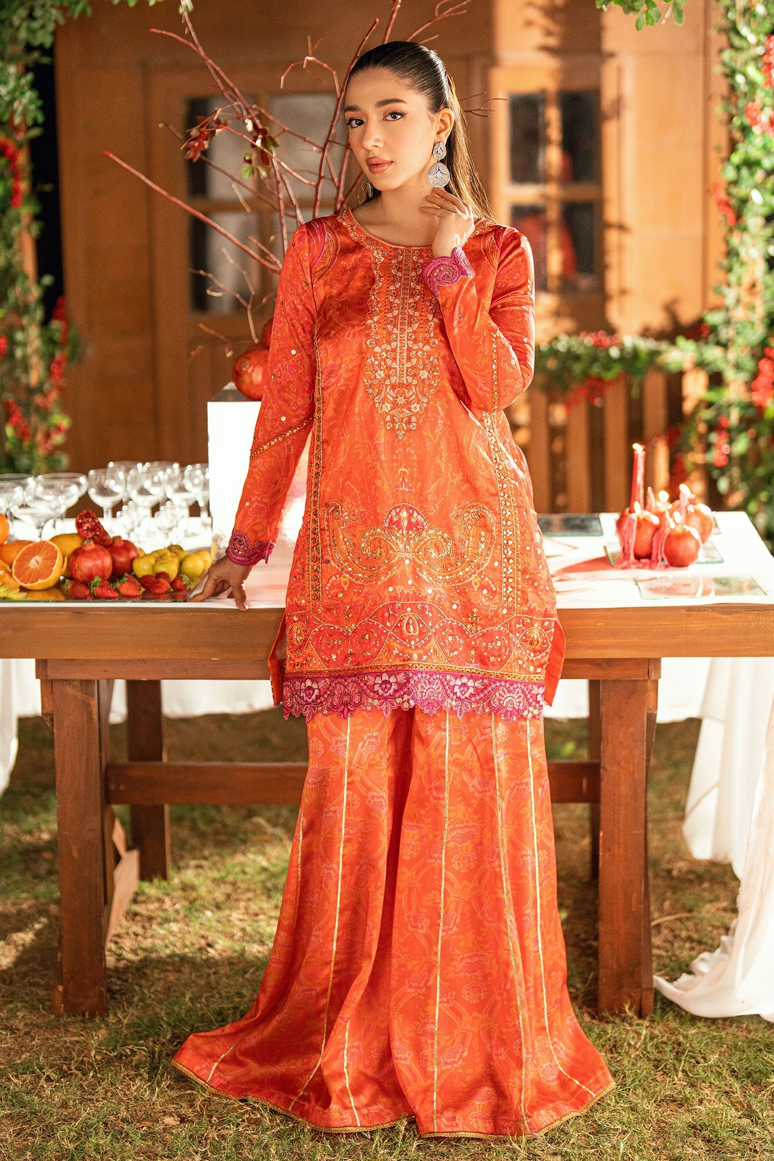 Dhanak | Silk Pret | ORANGE -SILK TUNIC- 2PCS HAND EMBELLISHED SHIRT WITH TROUSER