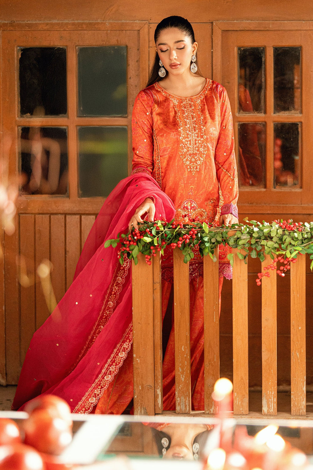 Dhanak | Silk Pret | ORANGE -SILK TUNIC- 2PCS HAND EMBELLISHED SHIRT WITH TROUSER