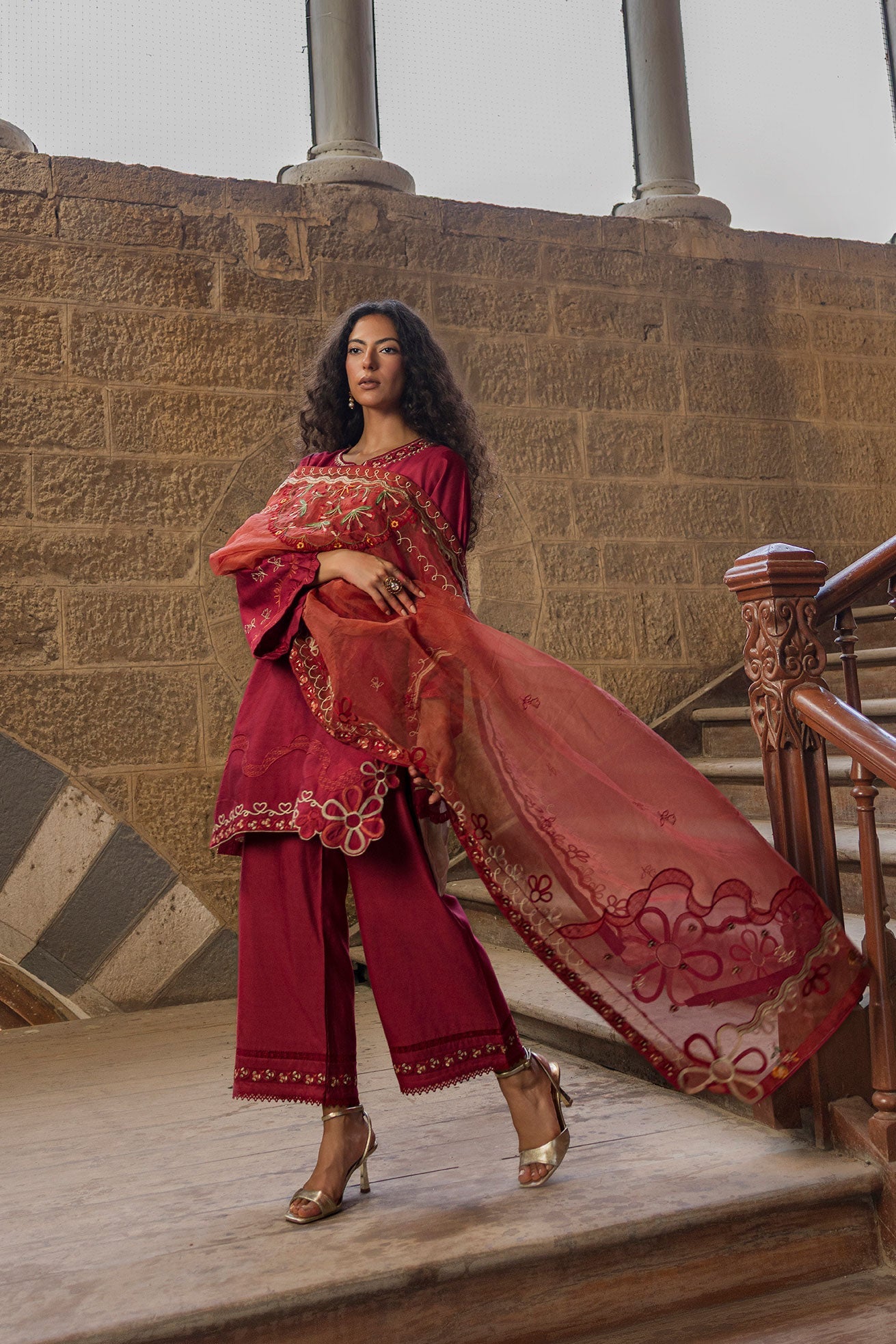 Dhanak | Signature Pret | MAROON 2PCS EMBROIDERED KURTA WITH TROUSER