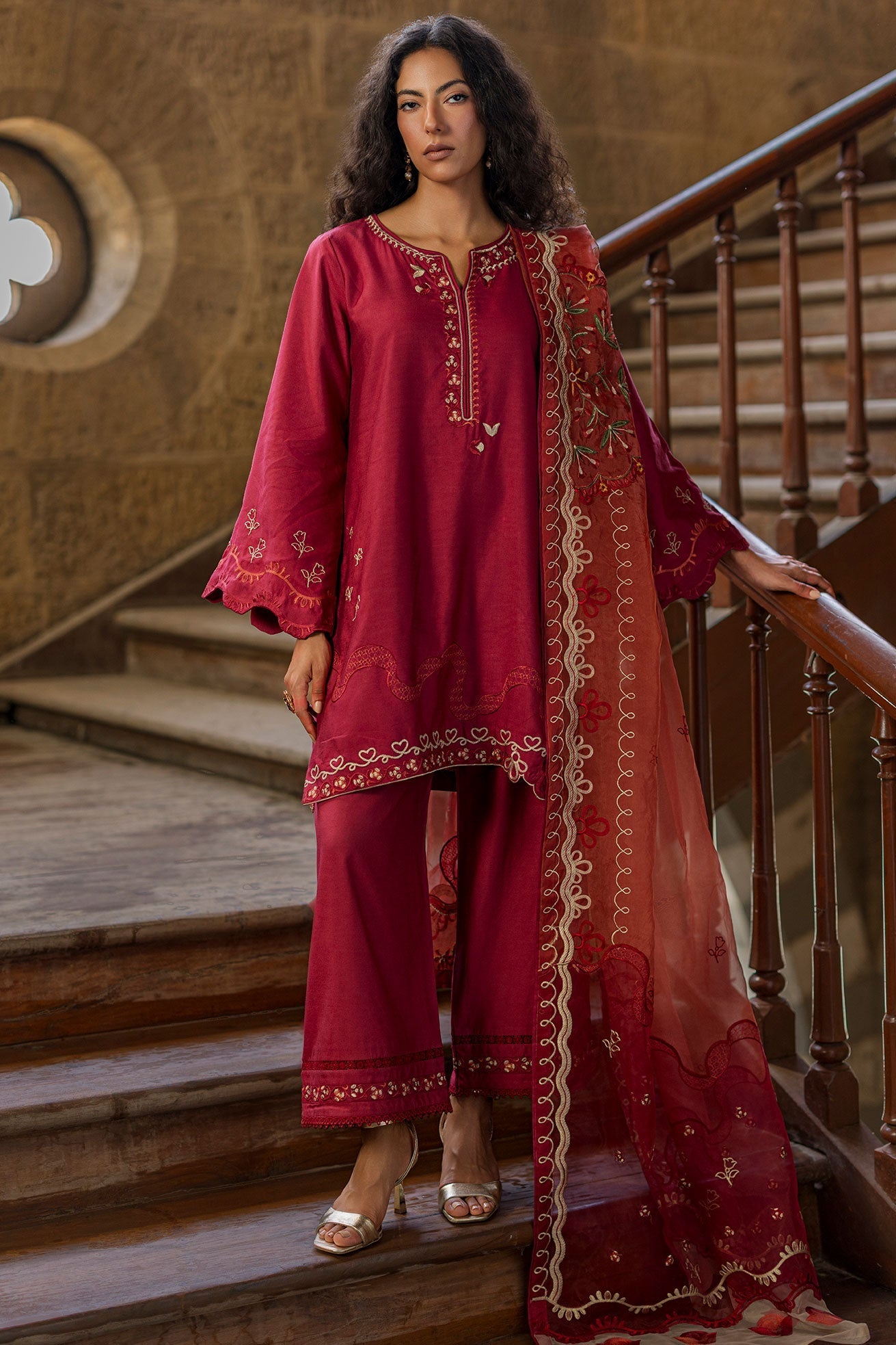 Dhanak | Signature Pret | MAROON 2PCS EMBROIDERED KURTA WITH TROUSER