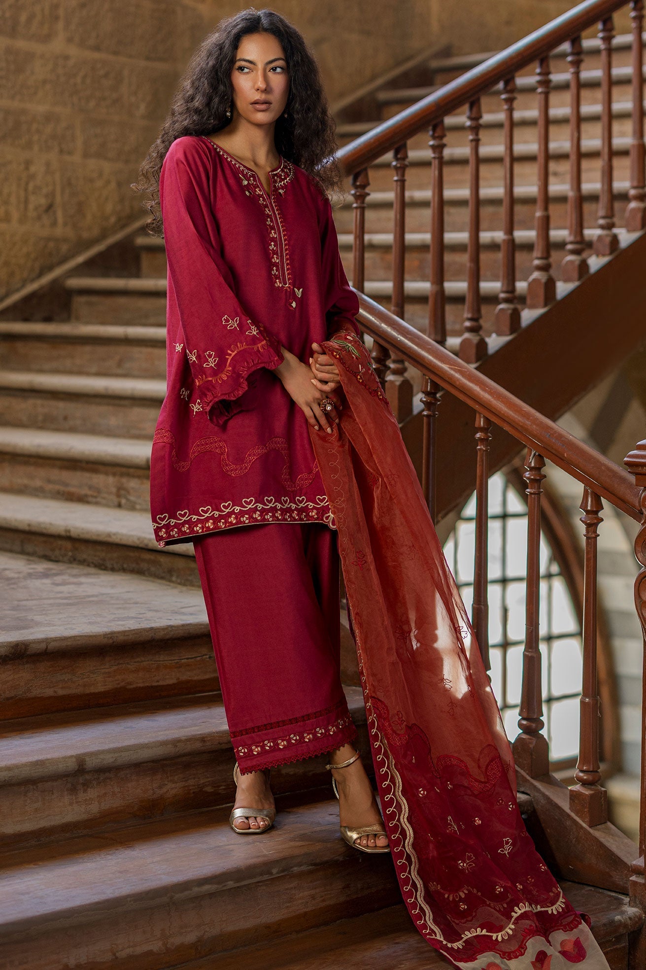 Dhanak | Signature Pret | MAROON 2PCS EMBROIDERED KURTA WITH TROUSER