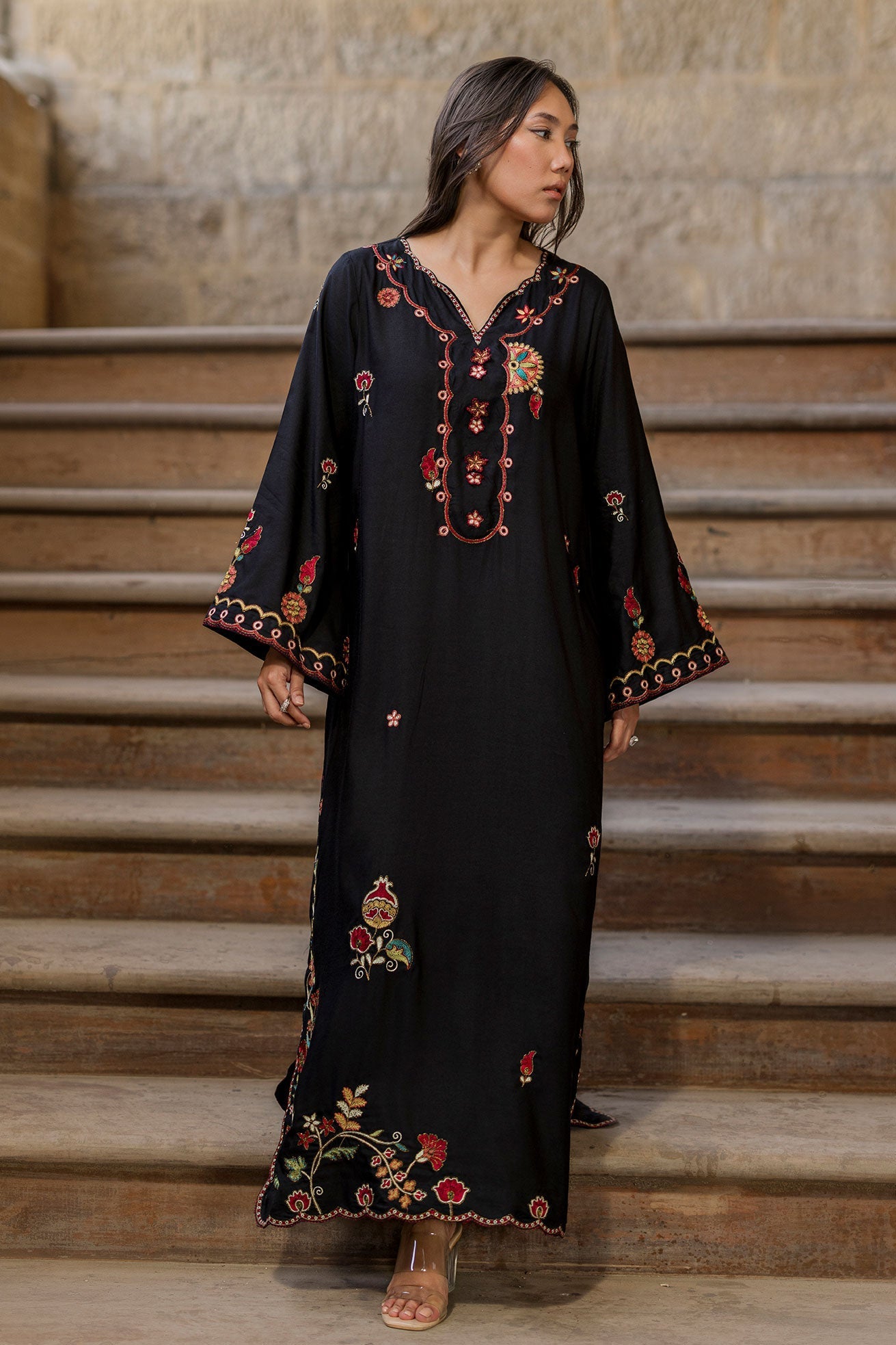 Dhanak | Signature Pret | BLACK - 1PCS - EMBROIDERED KAFTAN
