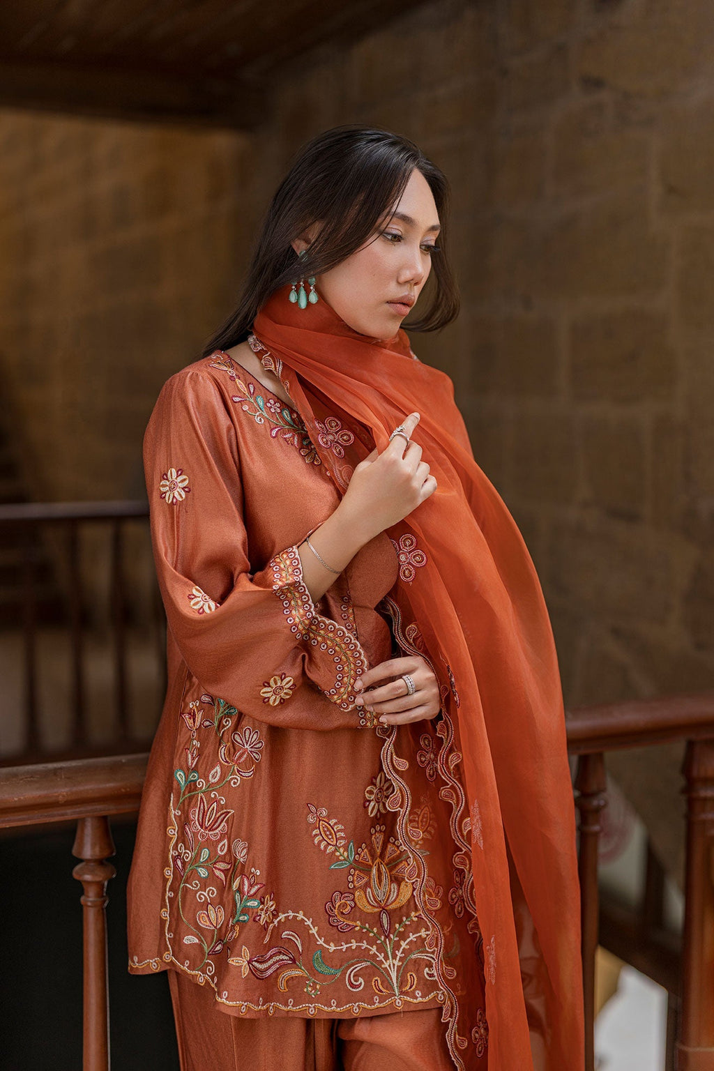 Dhanak | Signature Pret | RUST 2PCS EMBROIDERED KURTA WITH TROUSER