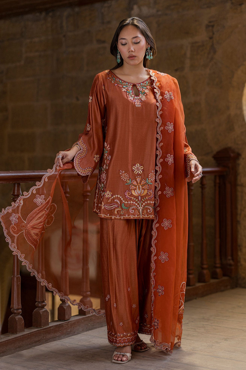 Dhanak | Signature Pret | RUST 2PCS EMBROIDERED KURTA WITH TROUSER