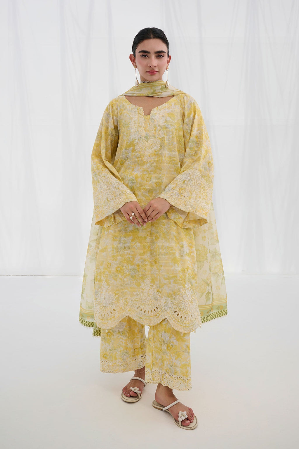 Dhanak | Casual Pret | YELLOW COTTON JACQUARD 2PCS EMBROIDERED KURTA WITH TROUSER