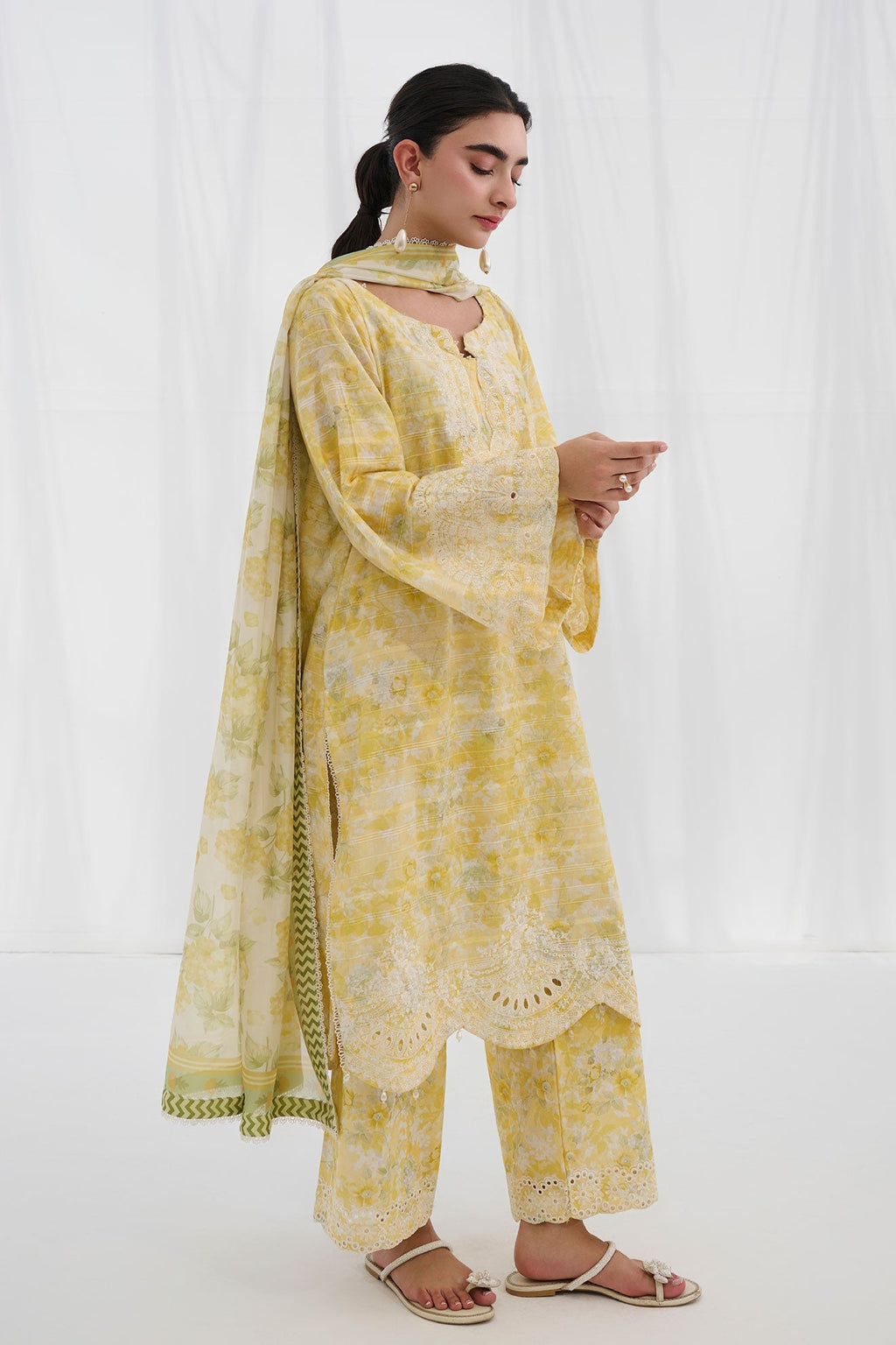 Dhanak | Casual Pret | YELLOW COTTON JACQUARD 2PCS EMBROIDERED KURTA WITH TROUSER