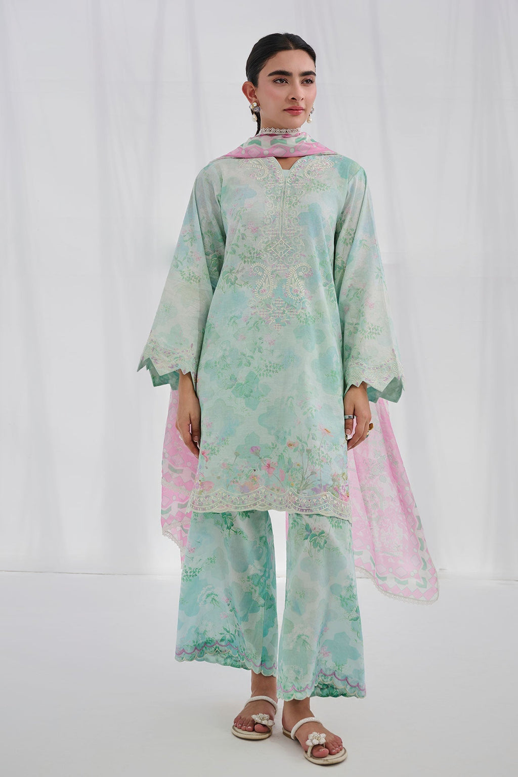 Dhanak | Casual Pret | GREEN COTTON JACQUARD 2PCS EMBROIDERED KURTA WITH TROUSER