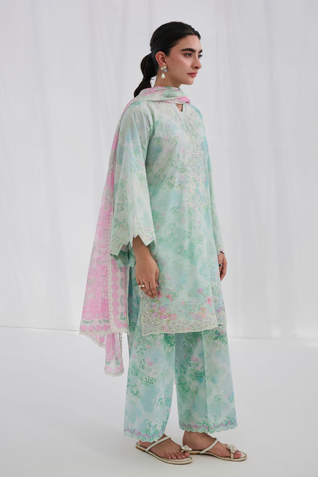 Dhanak | Casual Pret | GREEN COTTON JACQUARD 2PCS EMBROIDERED KURTA WITH TROUSER