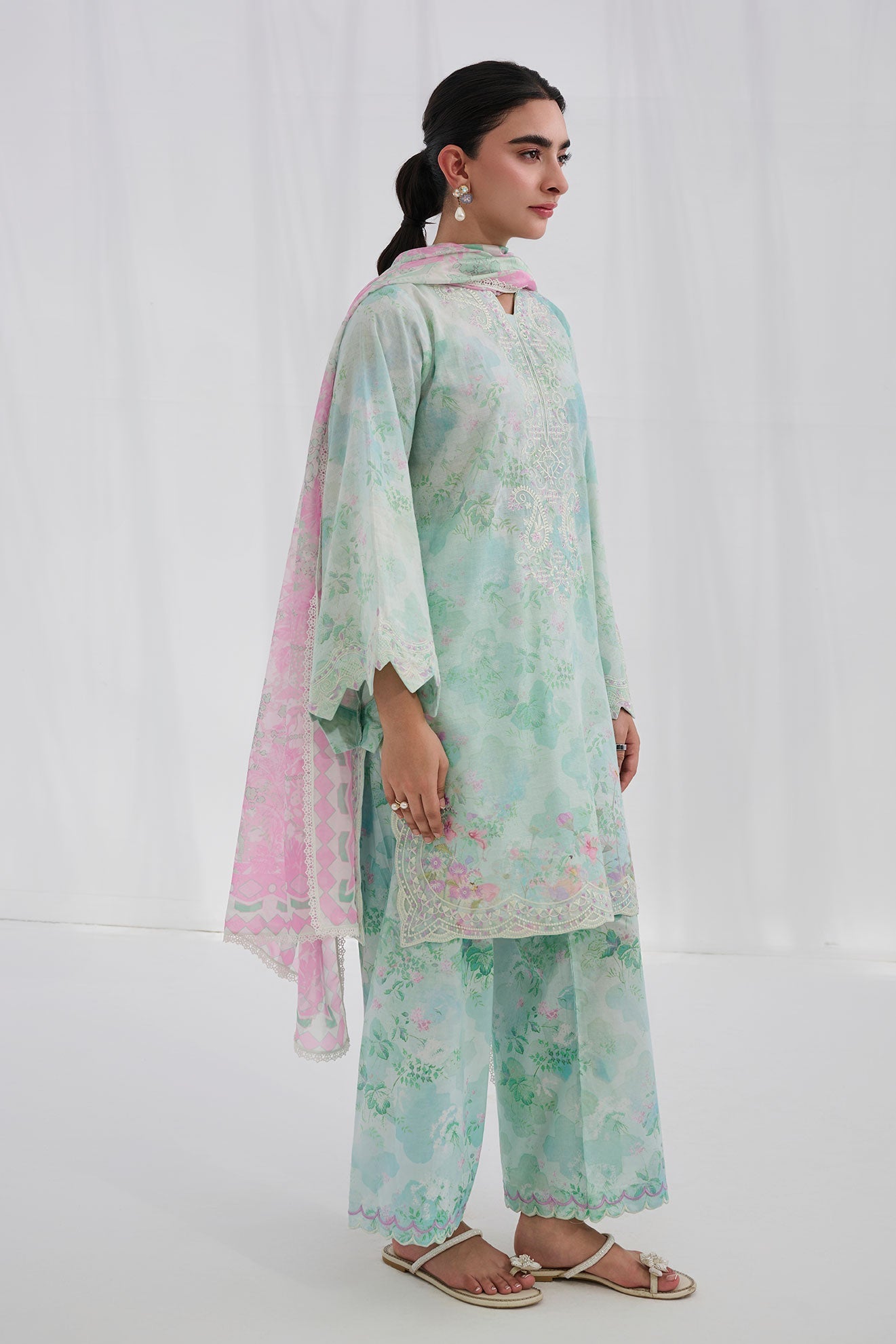 Dhanak | Casual Pret | GREEN COTTON JACQUARD 2PCS EMBROIDERED KURTA WITH TROUSER