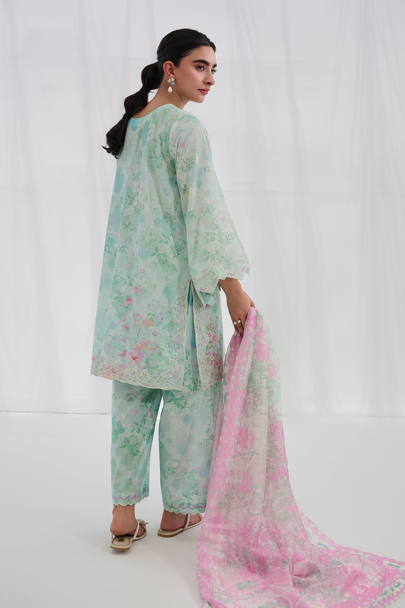 Dhanak | Casual Pret | GREEN COTTON JACQUARD 2PCS EMBROIDERED KURTA WITH TROUSER