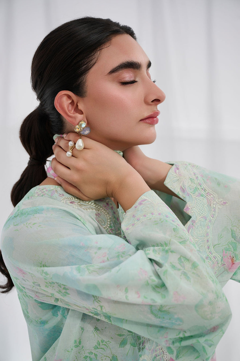 Dhanak | Casual Pret | GREEN COTTON JACQUARD 2PCS EMBROIDERED KURTA WITH TROUSER