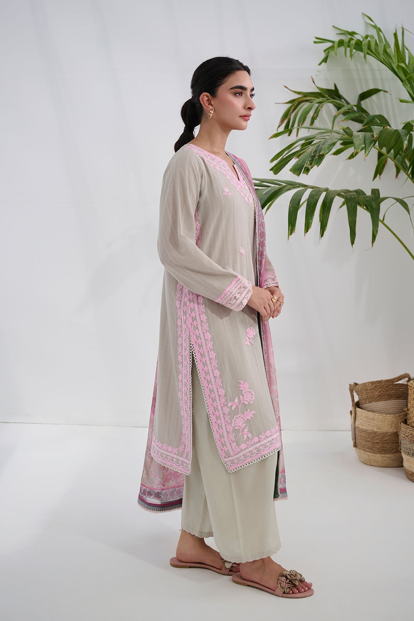 Dhanak | Casual Pret | GREY COTTON JACQUARD 2PCS EMBROIDERED KURTA WITH TROUSER