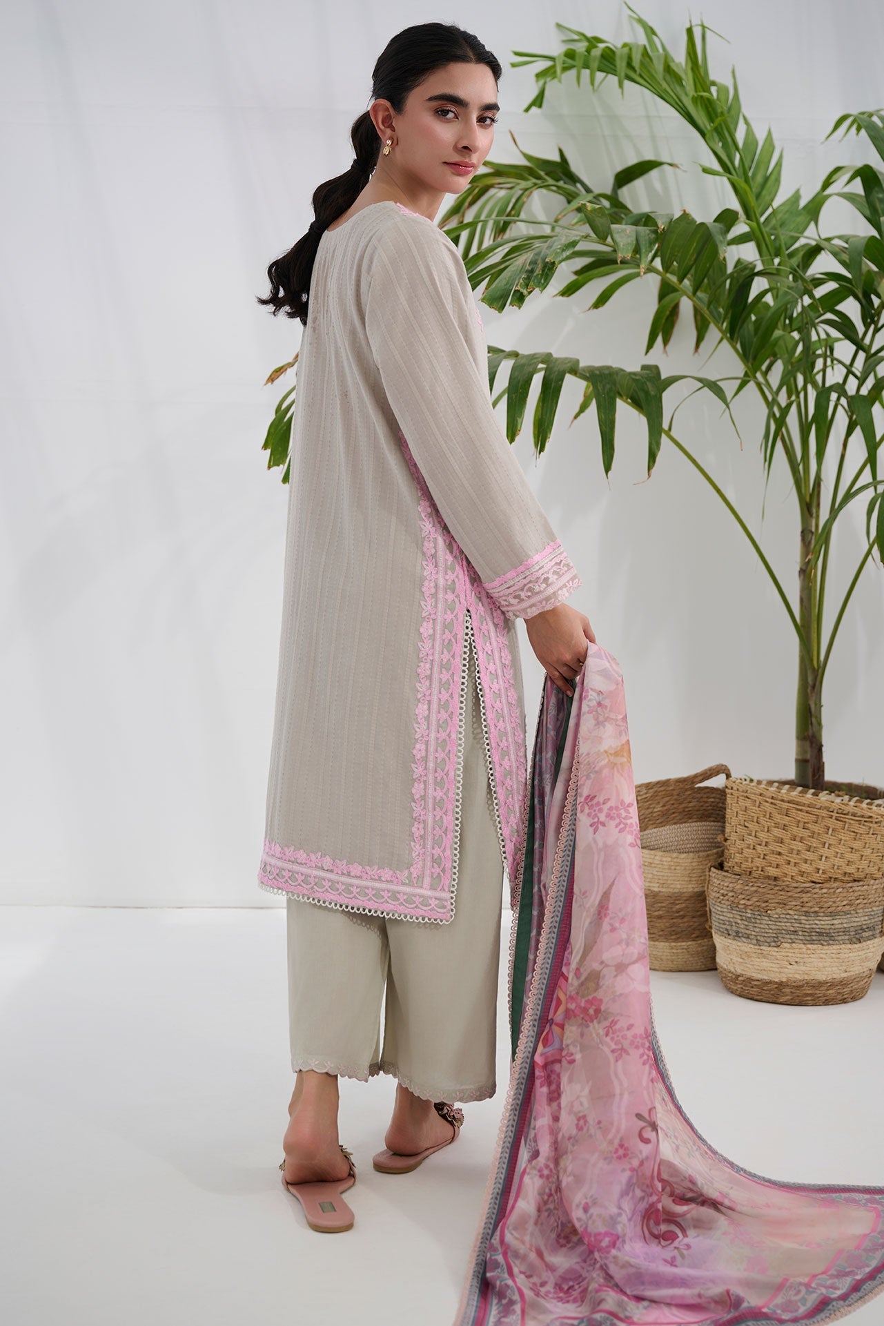 Dhanak | Casual Pret | GREY COTTON JACQUARD 2PCS EMBROIDERED KURTA WITH TROUSER