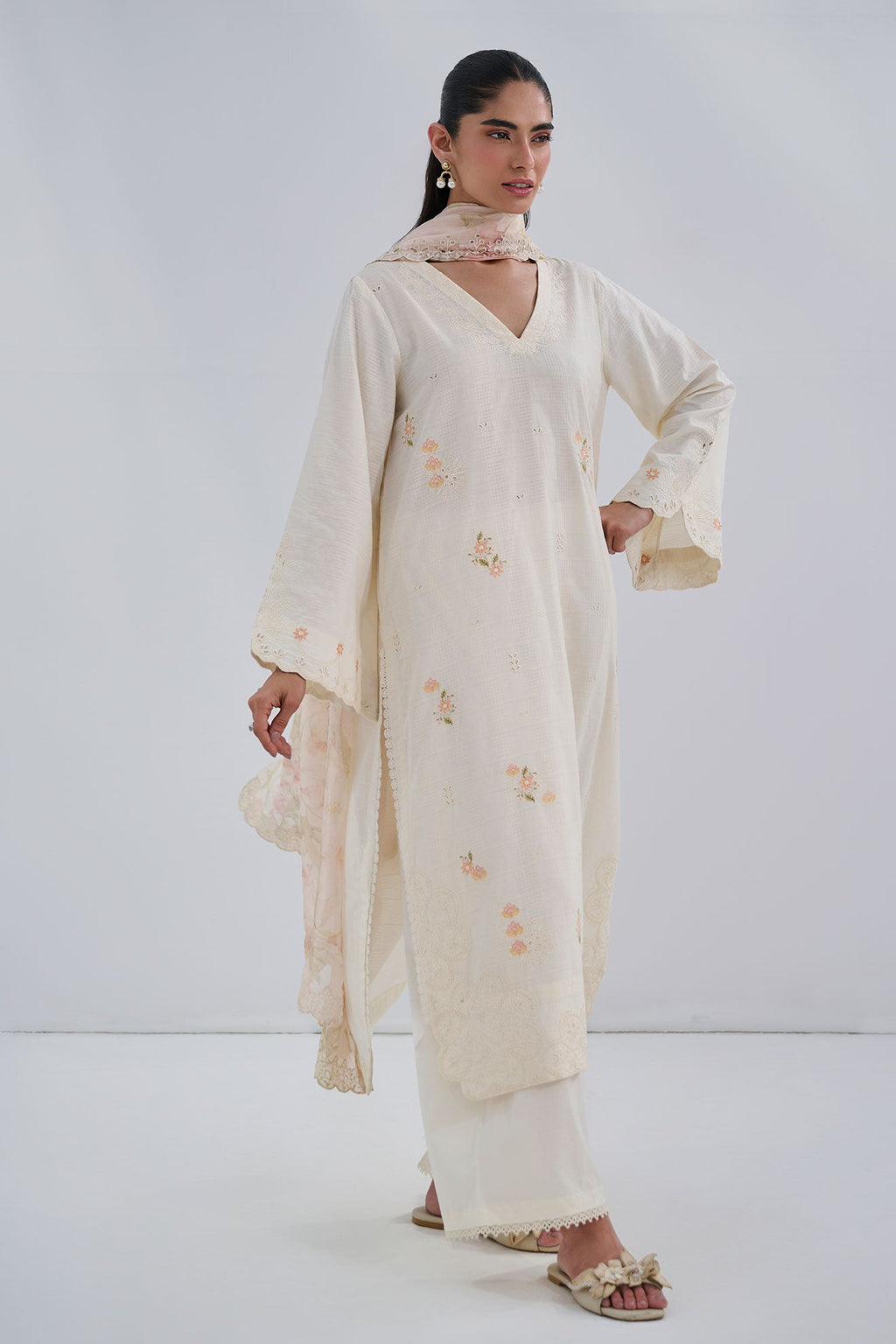 Dhanak | Casual Pret | OFFWHITE COTTON JACQUARD 2PCS EMBROIDERED KURTA WITH TROUSER