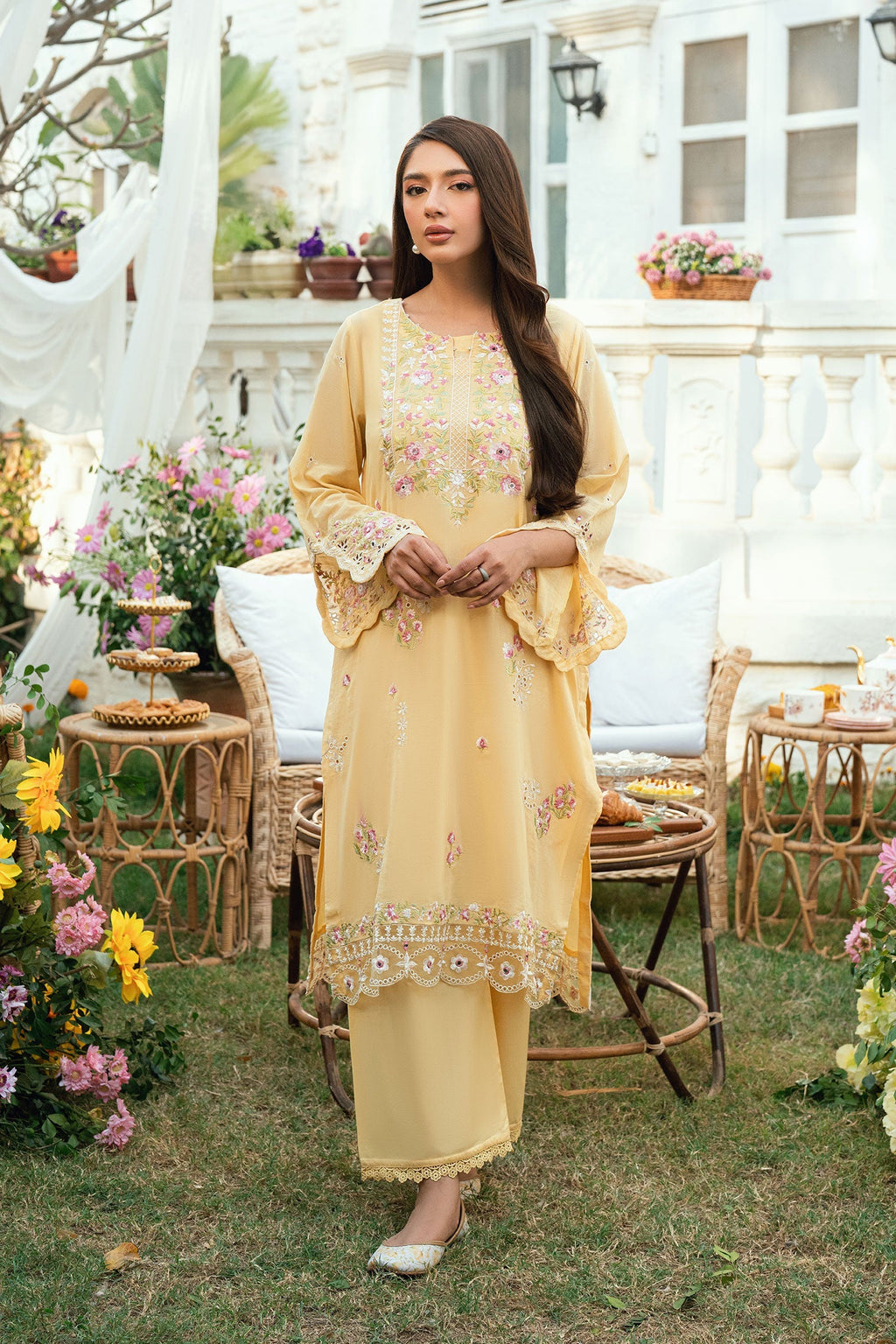Dhanak | SWISS VOILE | YELLOW SWISS VOILE 2PCS EMBROIDERED KURTA WITH TROUSER