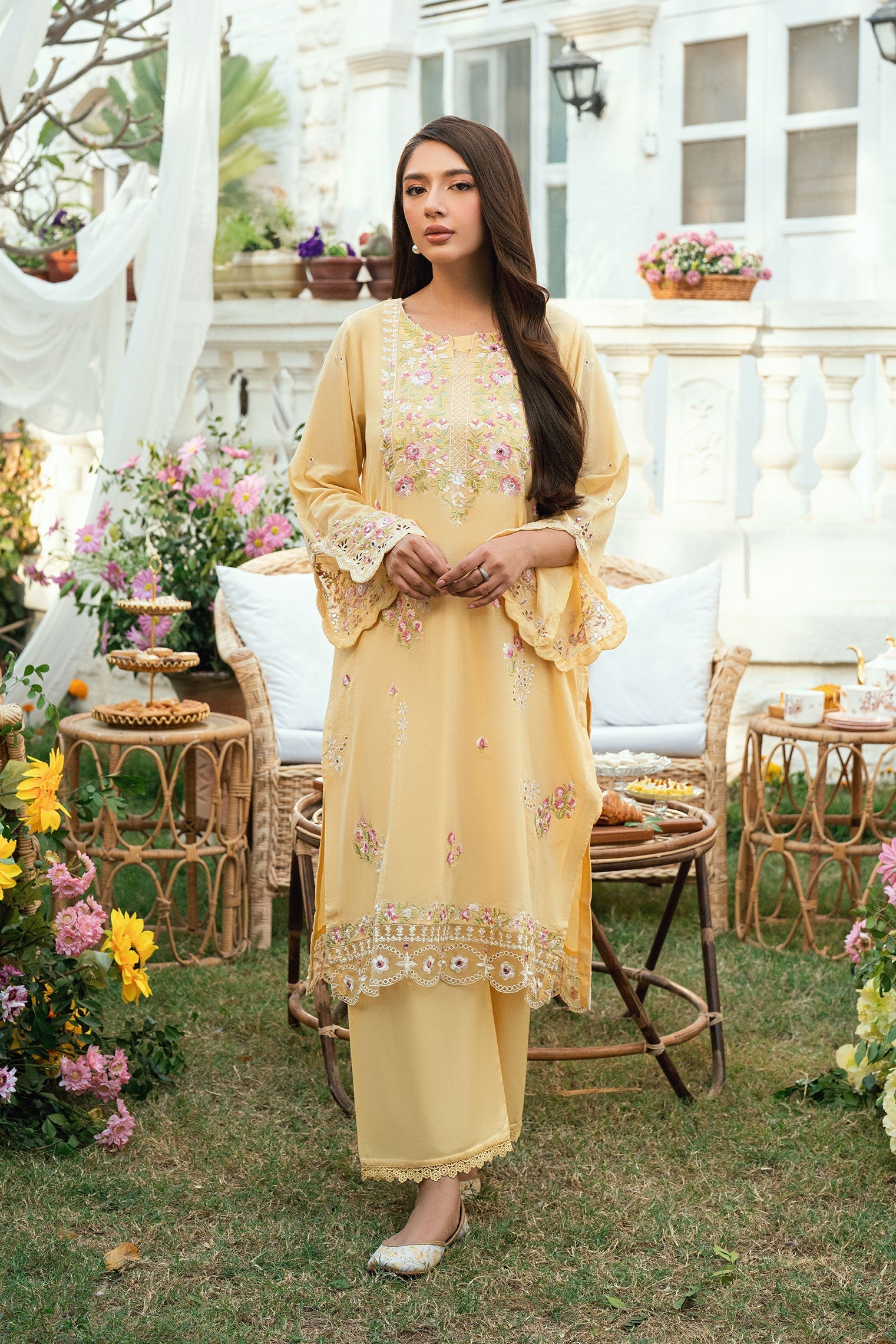 Dhanak | SWISS VOILE | YELLOW SWISS VOILE 2PCS EMBROIDERED KURTA WITH TROUSER