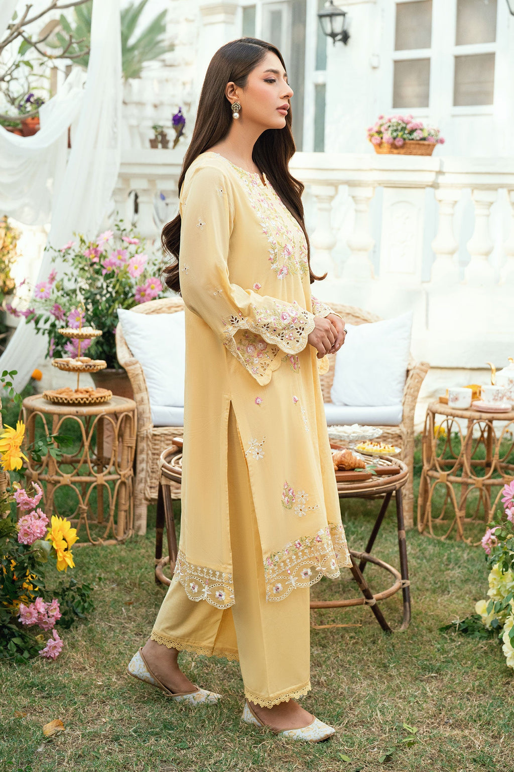 Dhanak | SWISS VOILE | YELLOW SWISS VOILE 2PCS EMBROIDERED KURTA WITH TROUSER