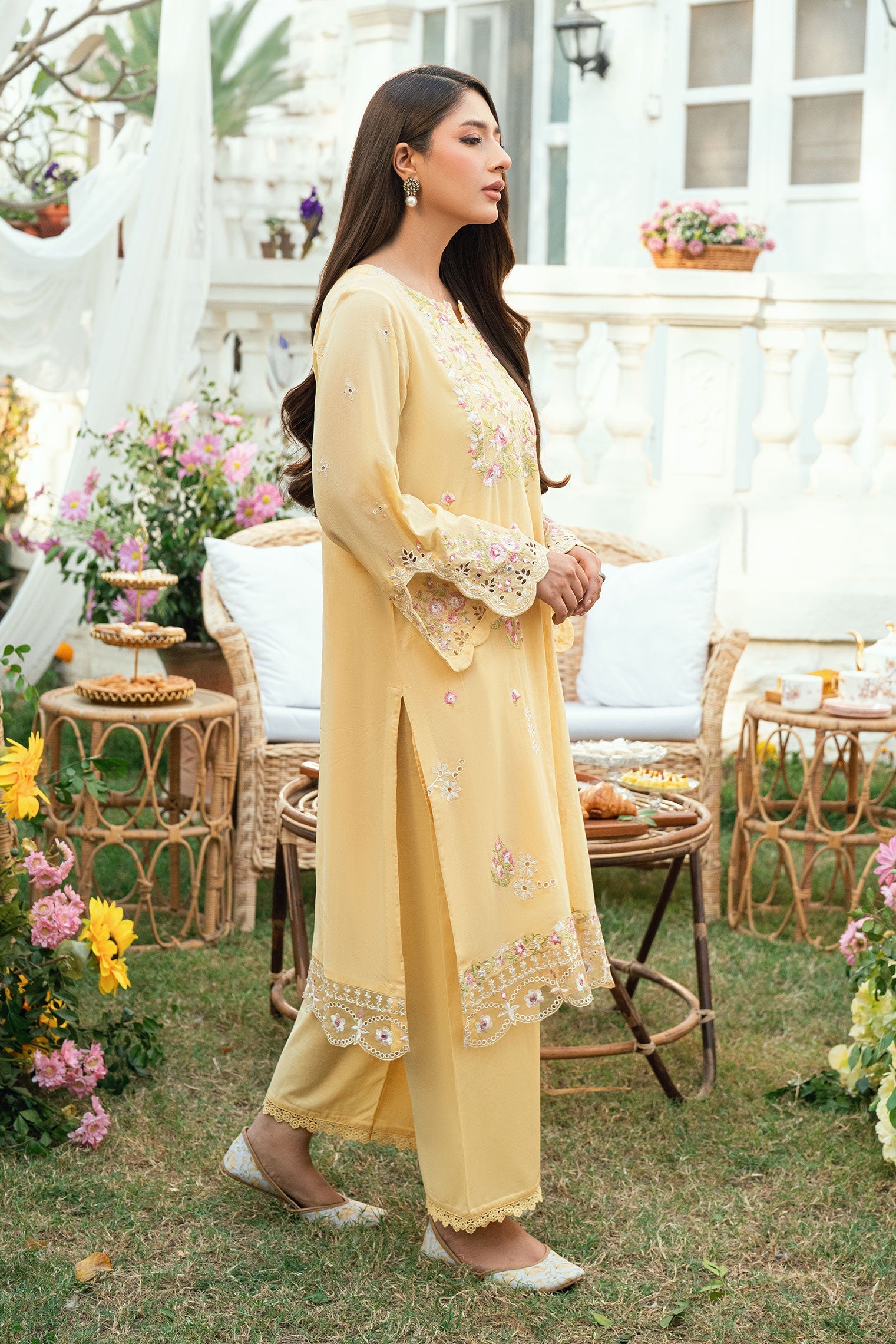 Dhanak | SWISS VOILE | YELLOW SWISS VOILE 2PCS EMBROIDERED KURTA WITH TROUSER