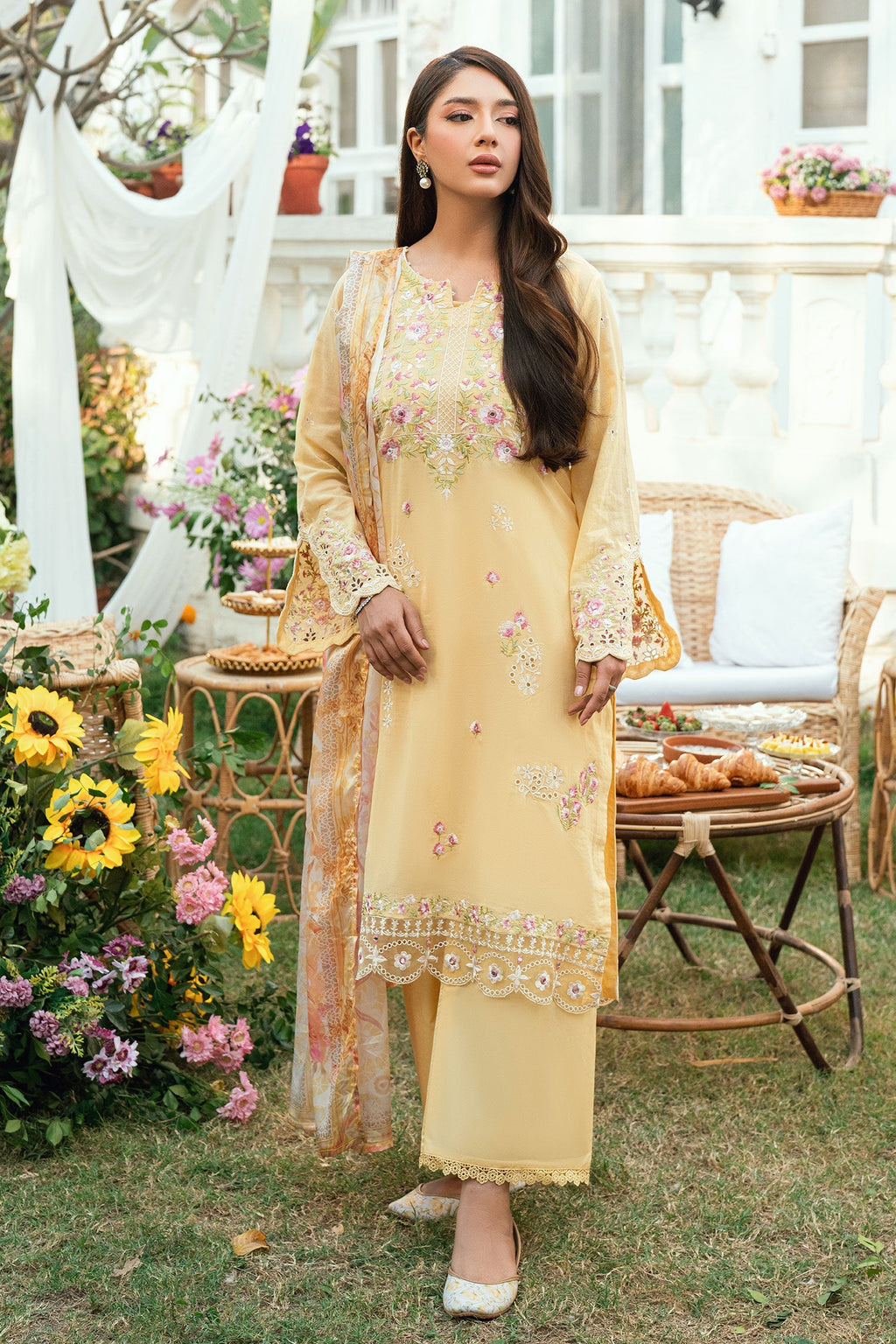 Dhanak | SWISS VOILE | YELLOW SWISS VOILE 2PCS EMBROIDERED KURTA WITH TROUSER