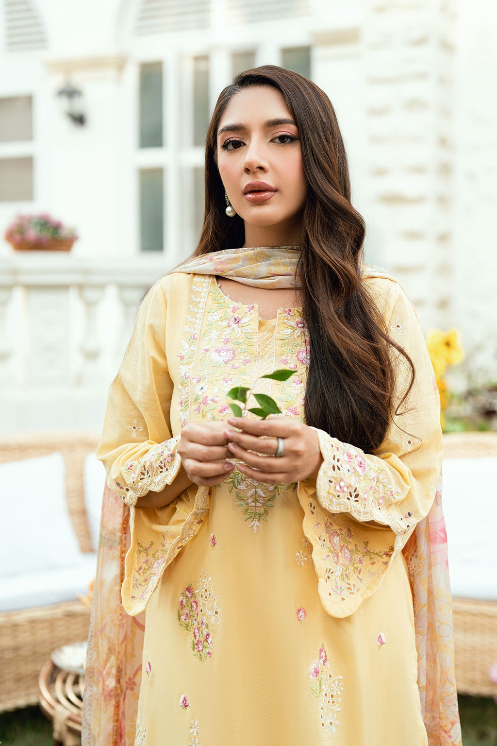 Dhanak | SWISS VOILE | YELLOW SWISS VOILE 2PCS EMBROIDERED KURTA WITH TROUSER