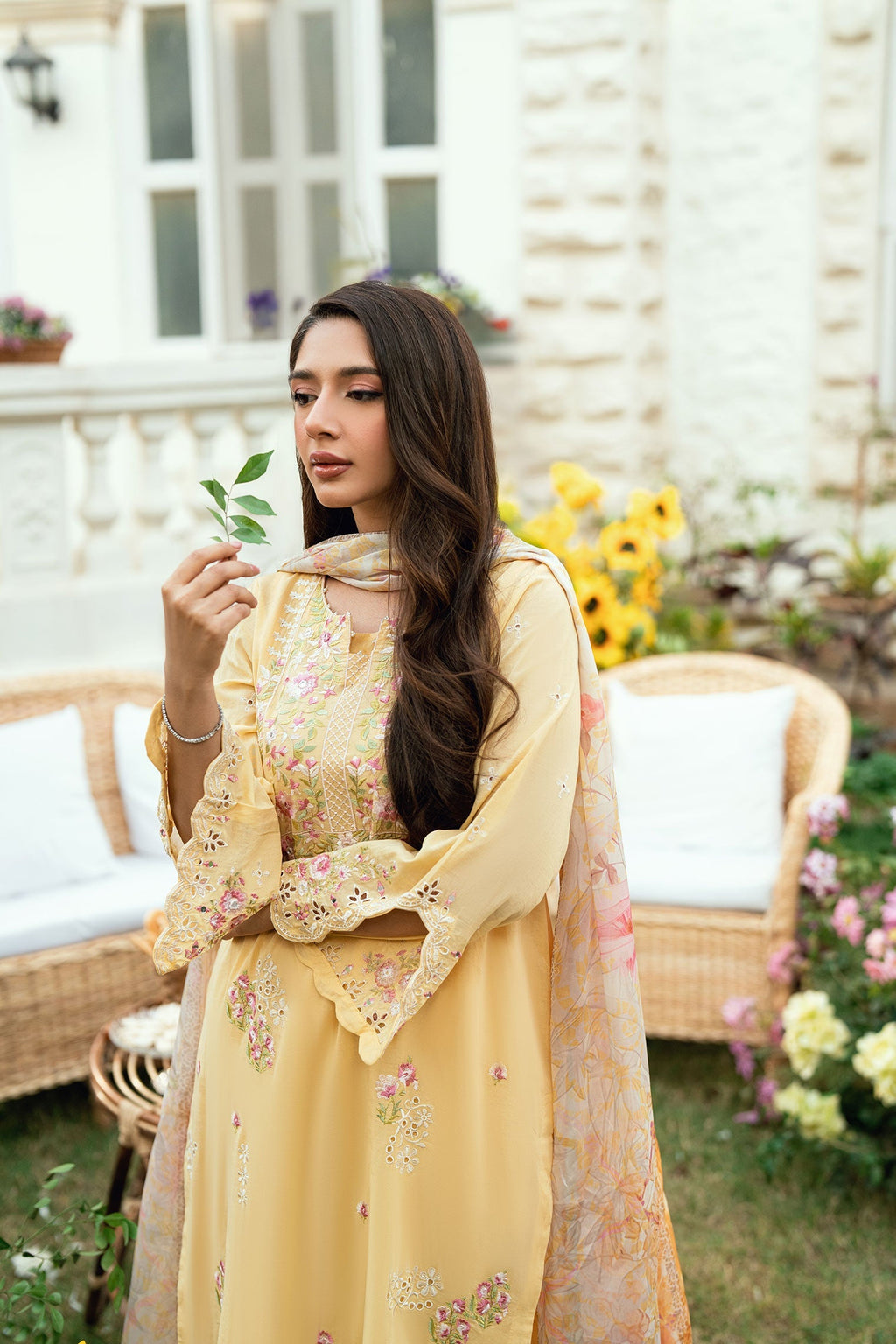 Dhanak | SWISS VOILE | YELLOW SWISS VOILE 2PCS EMBROIDERED KURTA WITH TROUSER
