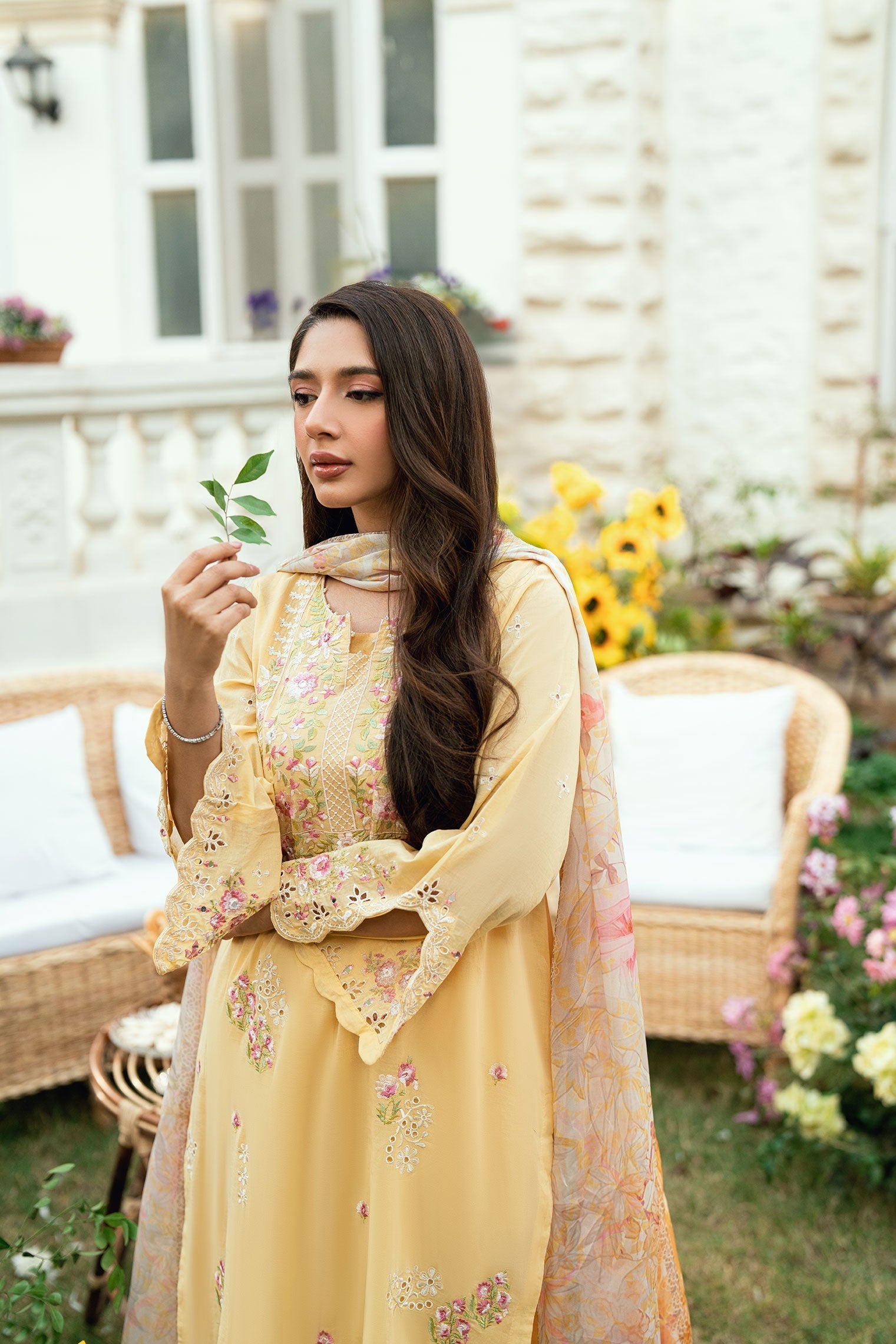 Dhanak | SWISS VOILE | YELLOW SWISS VOILE 2PCS EMBROIDERED KURTA WITH TROUSER