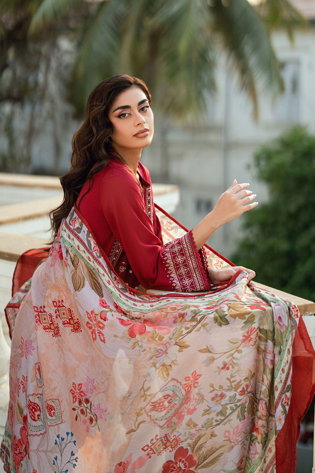 Dhanak | SWISS VOILE | RED SWISS VOILE 2PCS EMBROIDERED KURTA WITH TROUSER