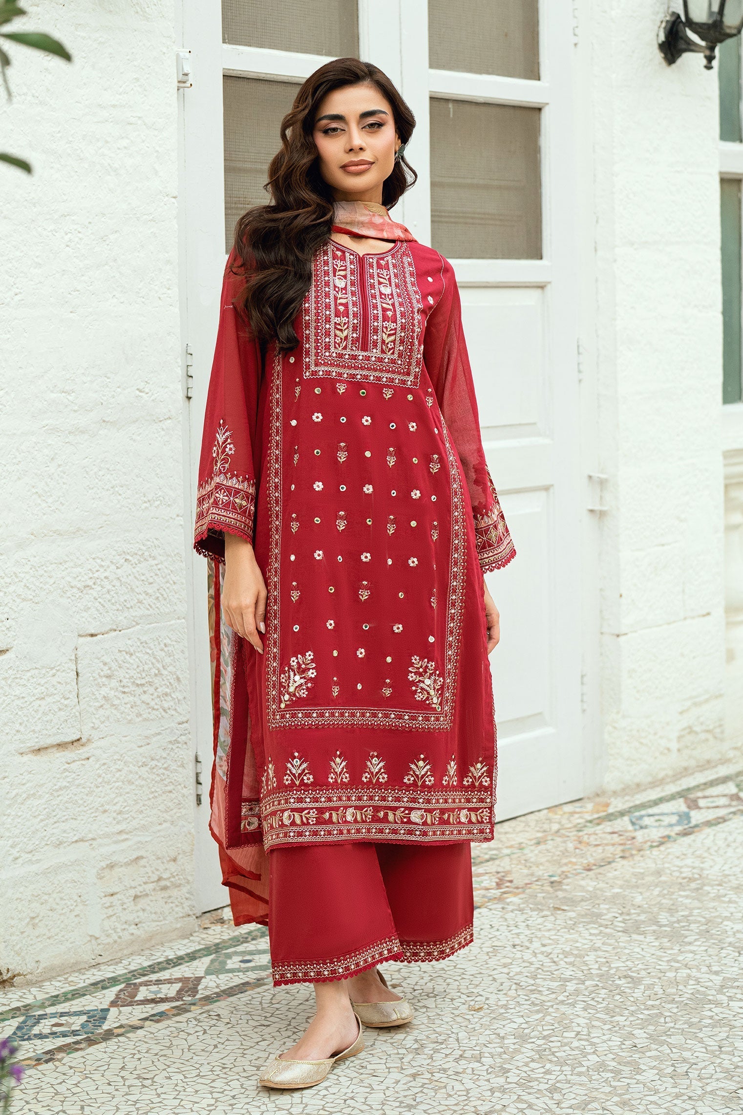 Dhanak | SWISS VOILE | RED SWISS VOILE 2PCS EMBROIDERED KURTA WITH TROUSER