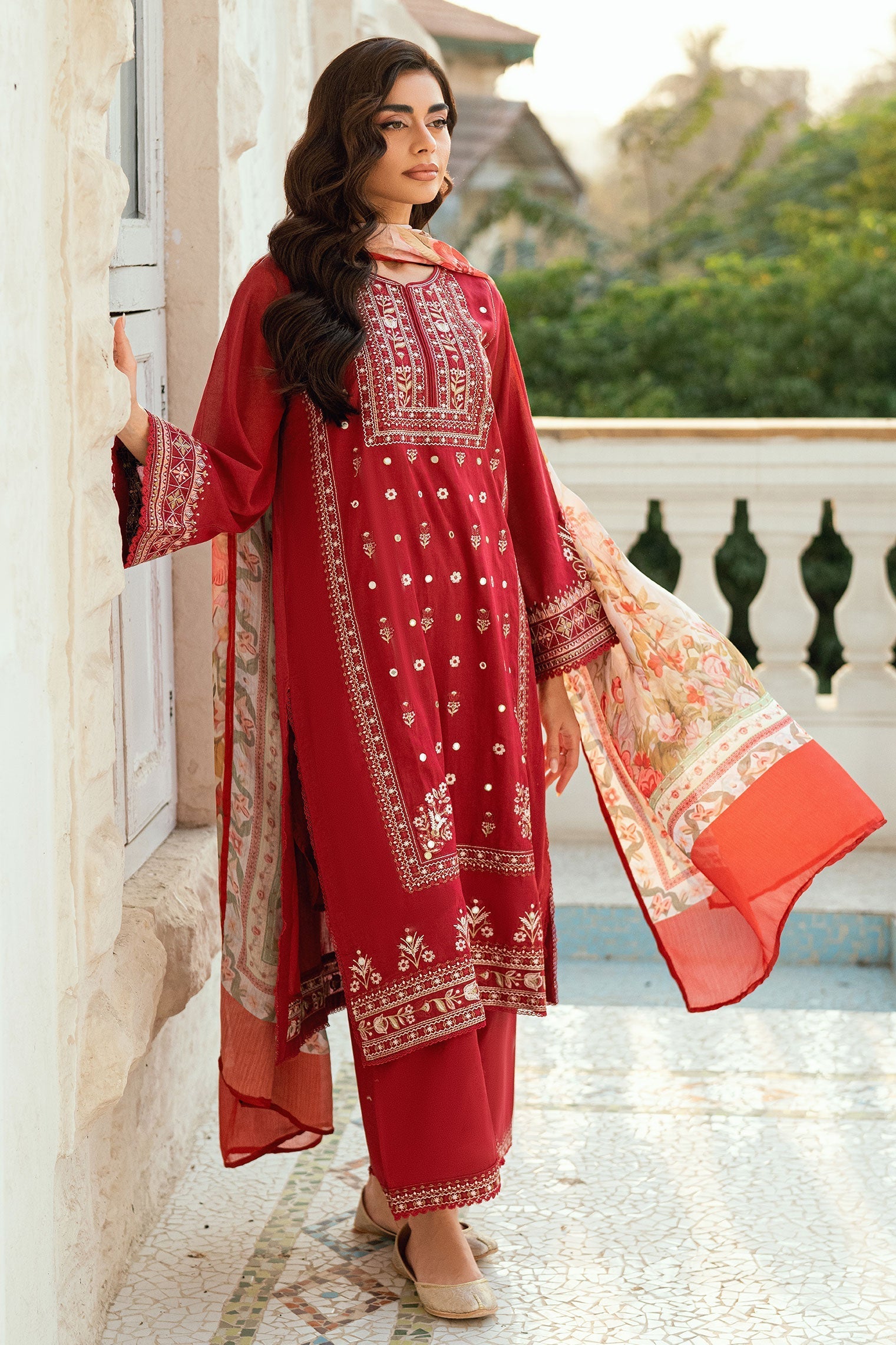 Dhanak | SWISS VOILE | RED SWISS VOILE 2PCS EMBROIDERED KURTA WITH TROUSER