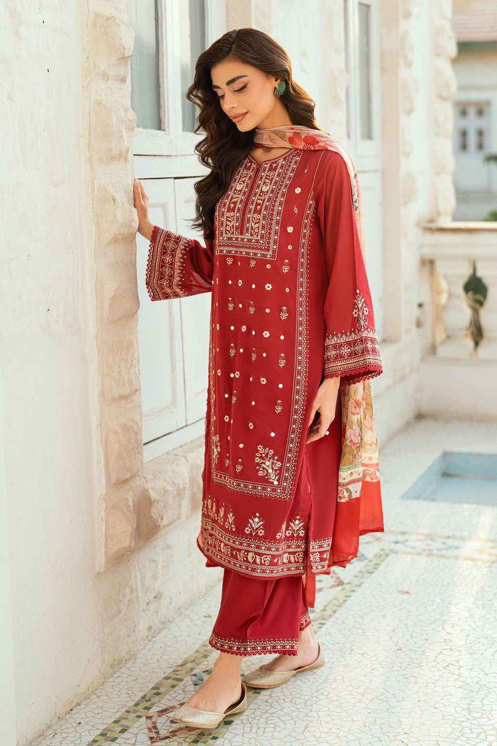 Dhanak | SWISS VOILE | RED SWISS VOILE 2PCS EMBROIDERED KURTA WITH TROUSER