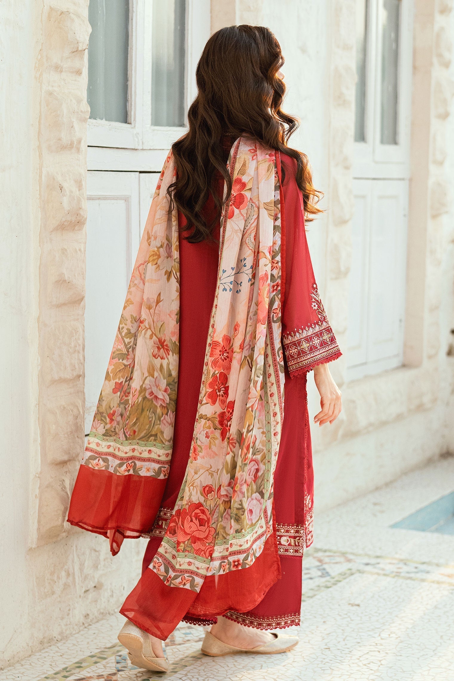 Dhanak | SWISS VOILE | RED SWISS VOILE 2PCS EMBROIDERED KURTA WITH TROUSER